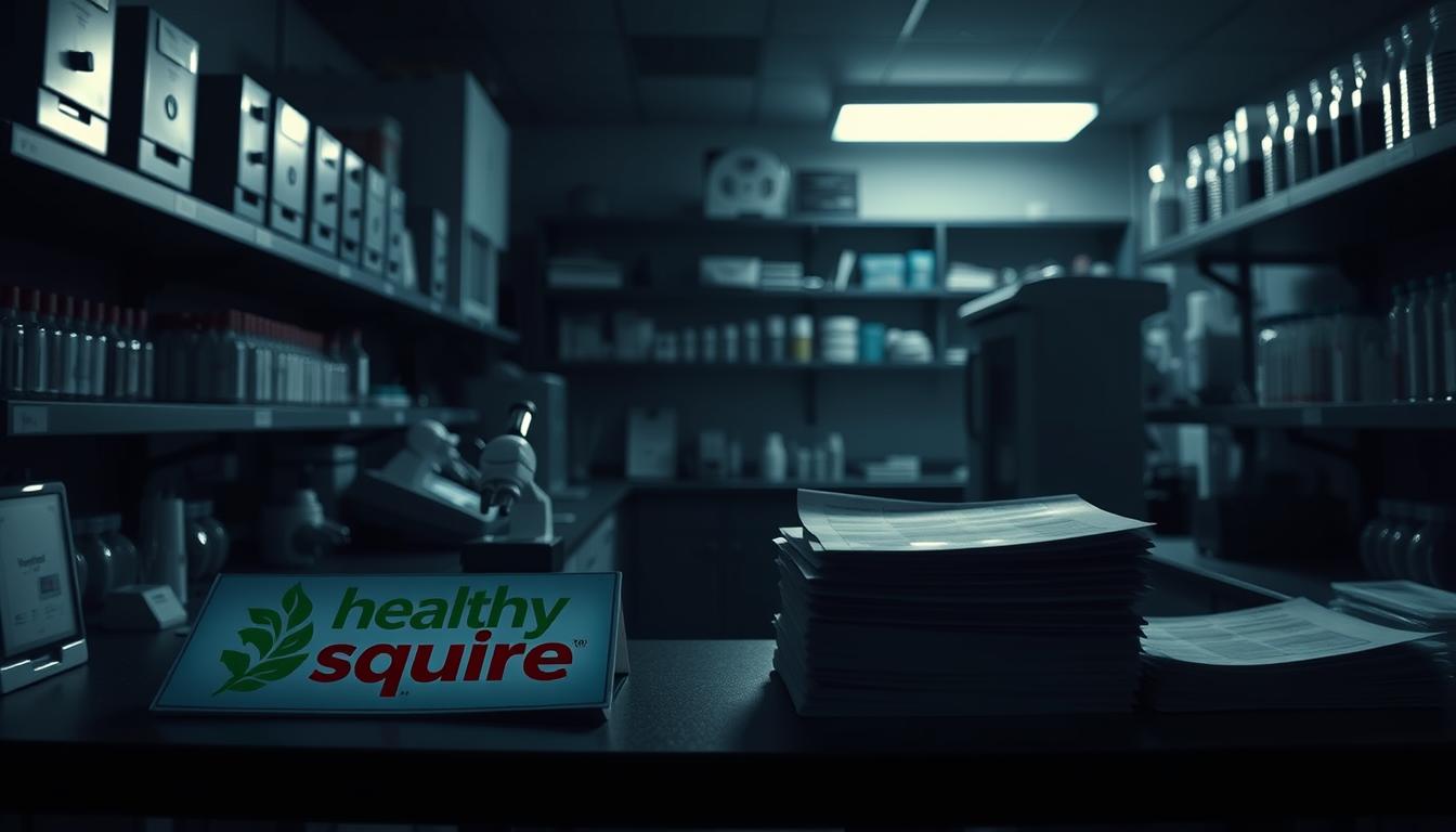 A dimly lit laboratory, with rows of medical equipment and test tubes lining the shelves. In the foreground, a desk displays a vibrant Healthy Squire logo and stacks of papers with charts and graphs depicting accuracy statistics for various medical tests. The lighting casts dramatic shadows, creating an air of seriousness and contemplation. The scene conveys the hidden complexities and uncertainties surrounding routine medical testing, hinting at the need for deeper examination and questioning.
