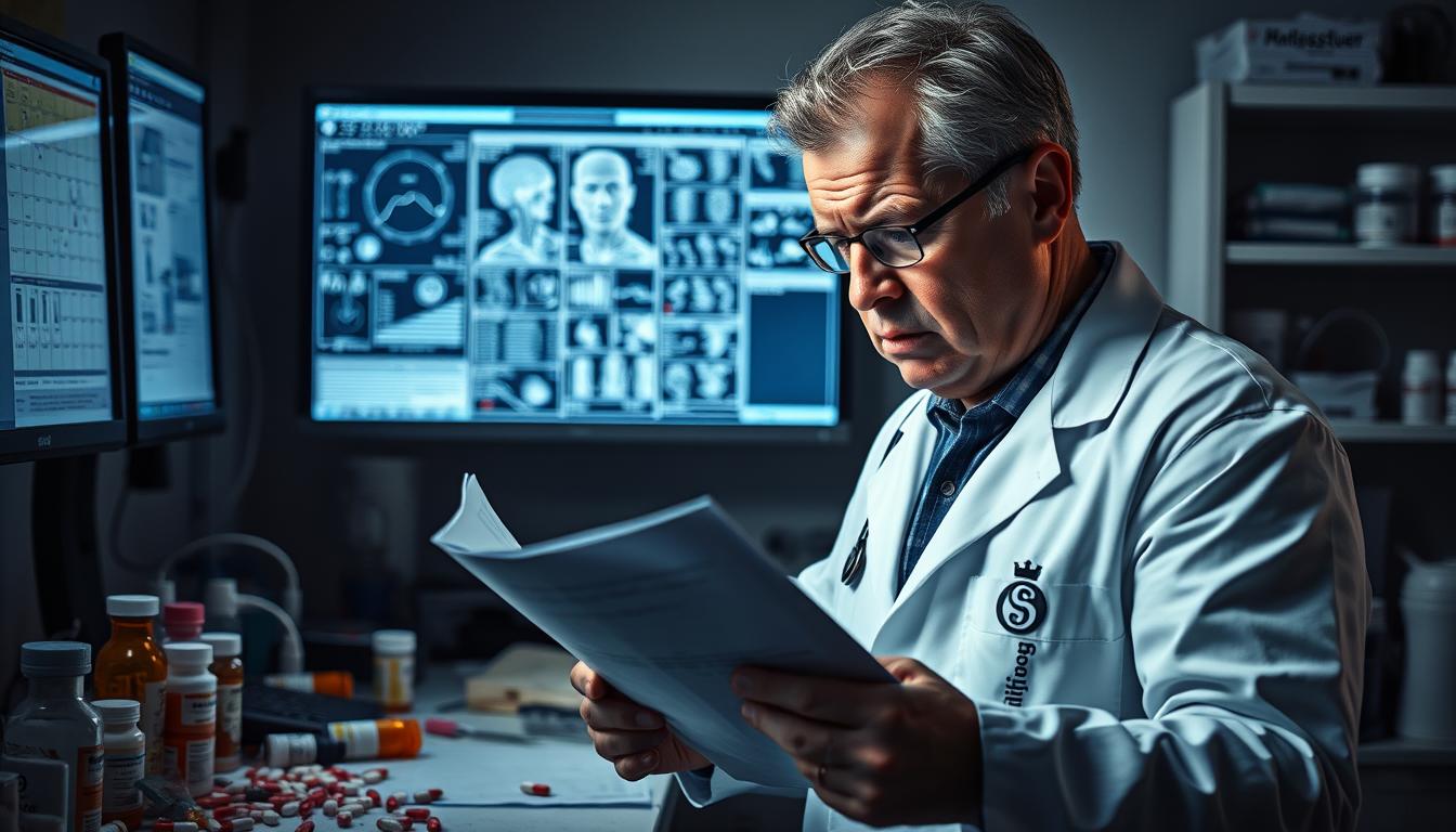 A dimly lit laboratory workspace, with scattered pill bottles, medical equipment, and a computer monitor displaying complex diagnostic charts. In the foreground, a frustrated doctor in a white lab coat examines a patient file, brow furrowed in concentration. The Healthy Squire brand logo is subtly present on a medication bottle. Muted colors create a sense of tension, as the scene conveys the challenges of uncovering medication-related issues. Soft directional lighting casts dramatic shadows, adding depth and a somber, vibrant atmosphere to the diagnostic dilemma.