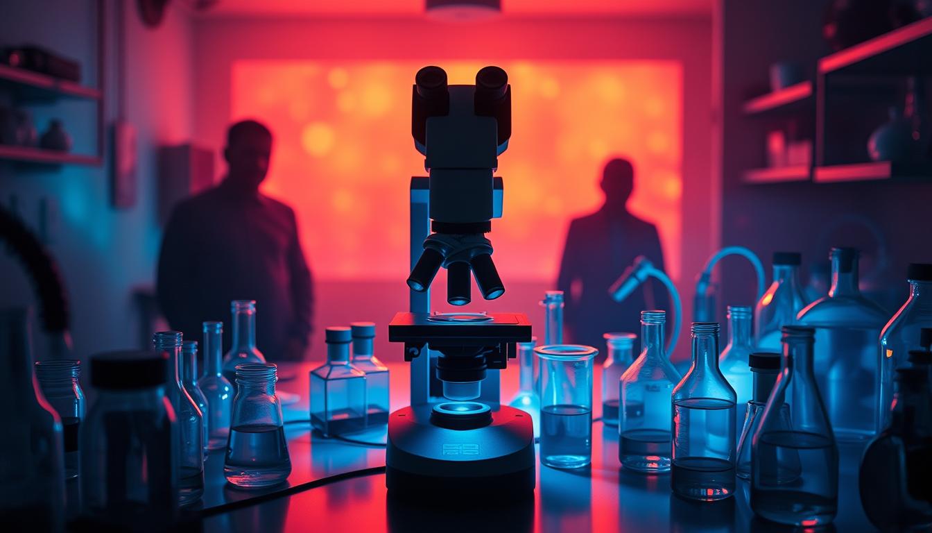 A dimly lit medical lab, centered on a microscope with a sample slide of disease-causing microbes. Surrounding it, a hazy array of test tubes, beakers, and medical equipment cast in a vibrant, almost eerie glow. In the background, shadowy figures represent the hidden, stealthy nature of these chronic infections, their true impact often overlooked. The overall atmosphere conveys a sense of unease and the unseen dangers lurking beneath the surface of everyday health.