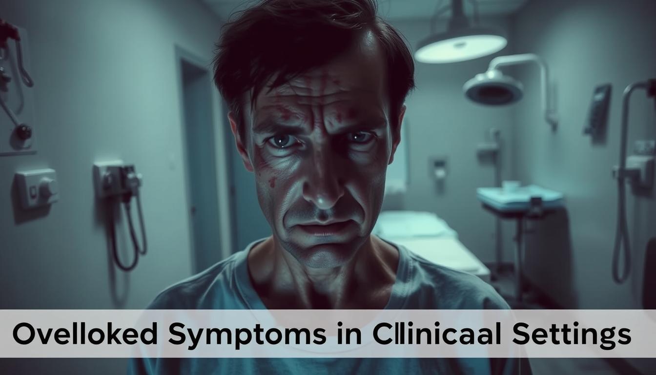 A dimly lit medical office, the patient's face etched with unease, their body language conveying a sense of detachment. In the background, a sterile examination table and a scattered array of medical instruments, casting an unsettling shadow. The lighting is soft and muted, creating an atmosphere of unease. The lens is angled to capture the subject's expression, highlighting the subtle signs of distress that might be overlooked in a clinical setting. The vibrant, muted tones evoke a sense of the patient's internal struggle, a visual representation of the "Overlooked Symptoms in Clinical Settings" that the article explores.