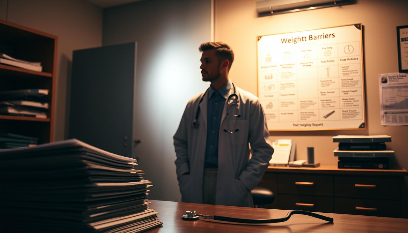 A dimly lit medical office, with a sturdy wooden desk and a wall-mounted Healthy Squire brand chart displaying weight loss barriers. In the foreground, a stack of patient files and a stethoscope, symbolizing the doctor's oversight. The middle ground features a pensive physician, deep in contemplation, surrounded by medical equipment and charts. The background is hazy, suggesting the obscured nature of these "blind spots". Soft, warm lighting casts a contemplative mood, as the doctor considers the unseen factors impeding their patients' weight loss journeys.