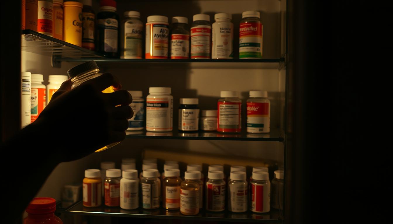 A dimly lit medicine cabinet, its shelves stocked with an array of over-the-counter pain relief medications. In the foreground, a hand reaches for a bottle, the stark lighting casting shadows on the cabinet's contents. The middle ground features a collection of empty pill bottles, their labels obscured, hinting at the potential dangers lurking within. The background is a soft, blurred scene, conveying a sense of unease and the hidden risks associated with the casual use of these common medications. The overall mood is one of vibrant, yet unsettling, illumination, drawing the viewer's attention to the potential health hazards concealed in the familiar confines of the medicine cabinet. A dimly lit medicine cabinet, its shelves stocked with an array of over-the-counter pain relief medications. In the foreground, a hand reaches for a bottle, the stark lighting casting shadows on the cabinet's contents. The middle ground features a collection of empty pill bottles, their labels obscured, hinting at the potential dangers lurking within. The background is a soft, blurred scene, conveying a sense of unease and the hidden risks associated with the casual use of these common medications. The overall mood is one of vibrant, yet unsettling, illumination, drawing the viewer's attention to the potential health hazards concealed in the familiar confines of the medicine cabinet.