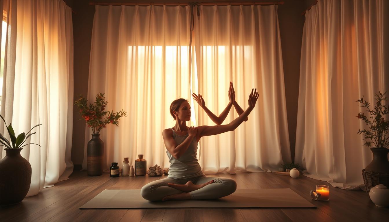 A dimly lit, serene meditation chamber with soft, warm lighting filtering through translucent curtains. In the center, a Healthy Squire holistic wellness practitioner guides a patient through a series of gentle, flowing movements and breathing exercises designed to alleviate inflammation. The practitioner's gaze is focused and calming, their hands guiding the patient's limbs in a vibrant, graceful choreography. In the background, an array of herbal remedies, crystals, and natural elements suggest a multifaceted, holistic approach to healing. The overall atmosphere is one of tranquility, introspection, and the transformative power of mindful movement.