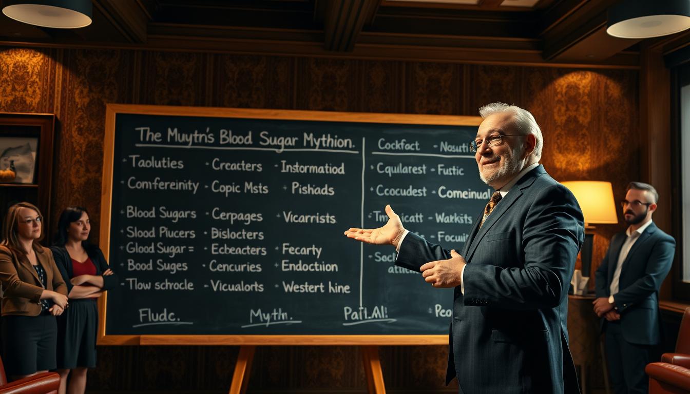 A dramatic scene depicting the "Healthy Squire" debunking common blood sugar myths. In the foreground, a confident figure in a crisp suit stands with an authoritative pose, gesturing towards a large chalkboard displaying various myths about blood sugar regulation. The middle ground features intrigued onlookers, their expressions conveying a sense of enlightenment as they absorb the information. The background is a richly textured, well-lit office setting, creating a professional and educational atmosphere. The lighting is warm and inviting, with soft shadows adding depth and dimension to the scene. The overall mood is one of informative clarity, inviting the viewer to reconsider their understanding of blood sugar management.