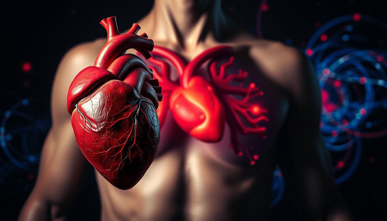 A dramatic scene depicting the cardiovascular stress paradox. In the foreground, a human heart pulses with intensity, its chambers constricted and veins pulsing with vibrant crimson. The middle ground shows the torso, with the rib cage slightly open, revealing the stressed cardiovascular system. In the background, swirling energy fields of vibrant, pulsing blues and reds suggest the cascading physiological effects of chronic stress. Dramatic chiaroscuro lighting illuminates the scene, casting deep shadows and highlighting the vital, throbbing aspects of the cardiovascular system under duress. The overall mood is one of tense, visceral energy, conveying the silent but powerful impact of stress on the heart and circulatory system.