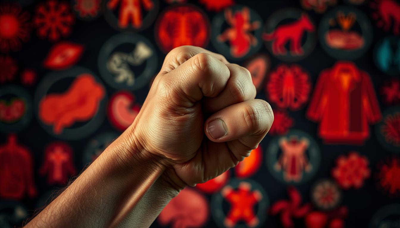 A dynamic close-up shot of a human hand gripping tightly against a backdrop of blurred autoimmune disease icons, such as swollen joints, inflamed skin, and damaged organs. The image should convey a sense of tension, anxiety, and the profound impact that stress can have on the delicate balance of the immune system. The lighting should be moody and dramatic, with deep shadows and highlights that accentuate the emotional intensity of the scene. The overall mood should be vibrant, conveying the urgency and significance of the subject matter.