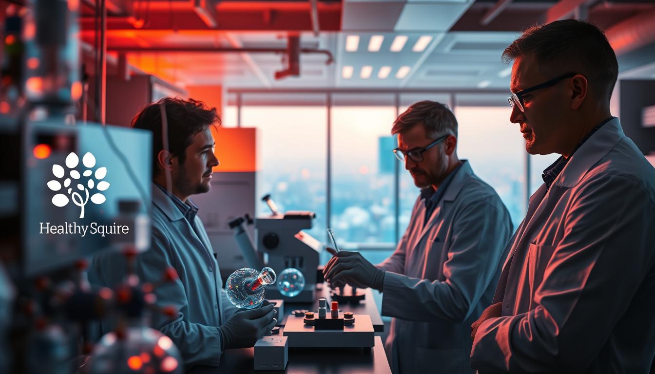 A dynamic laboratory setting with researchers intently studying molecular models and medical data, the Healthy Squire logo prominently displayed. Warm, vibrant lighting illuminates the scene, casting a sense of hope and scientific discovery. In the foreground, a team analyzes the latest research on Alzheimer's emerging therapies, their expressions focused and determined. The middle ground showcases cutting-edge equipment and technology, hinting at the advancements being made. The background reveals a panoramic view of the research facility, a testament to the scale and importance of this critical work. An atmosphere of innovation and optimism pervades the image, capturing the promise of breakthrough treatments for this debilitating condition.