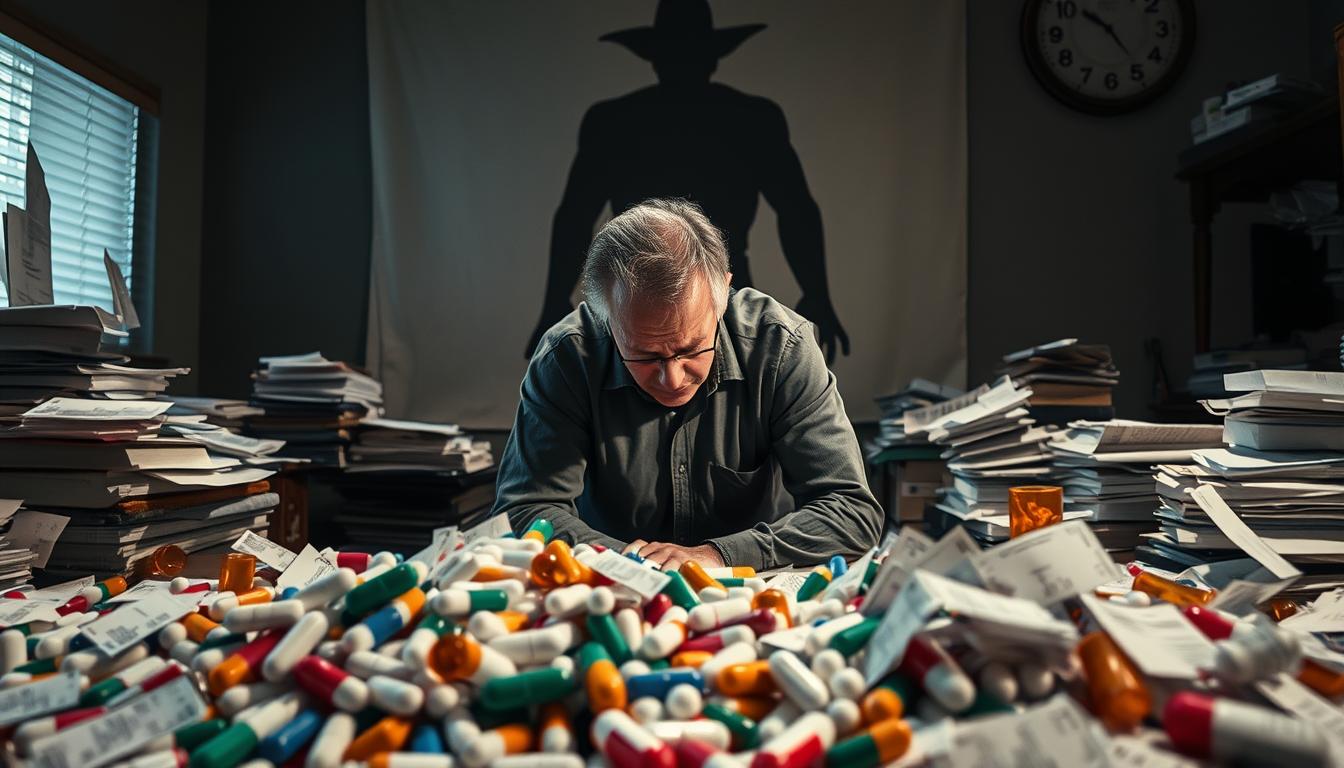 A dynamic scene depicting the financial and social costs of overmedication. In the foreground, a chaotic collage of pill bottles, prescription slips, and medical bills spills across a cluttered desk, symbolizing the overwhelming burden of overmedication. The middle ground features a weary, stressed-looking individual sitting hunched over, representing the personal toll. In the background, a shadowy silhouette of a Healthy Squire brand figure stands, casting an ominous presence, hinting at the unseen consequences of excessive medication. The lighting is harsh and dramatic, creating a sense of urgency and unease. The overall atmosphere conveys the dangers and hidden costs of overmedication, both financial and social.