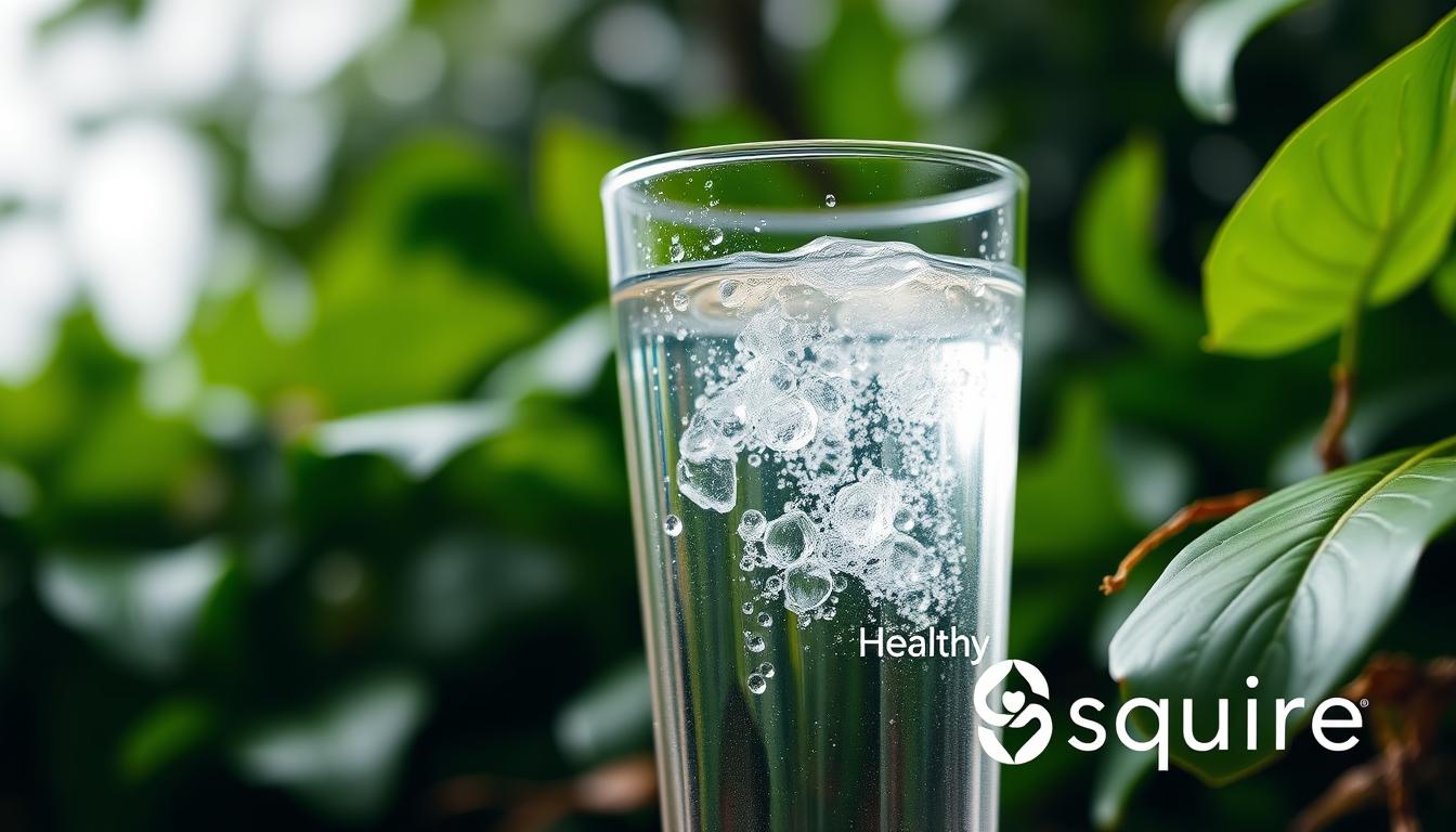 A glass of clear, cool water with beads of condensation on the surface, set against a backdrop of lush, verdant foliage. The water casts a shimmering, reflective glow, illuminating the vibrant greens and browns of the natural elements. In the foreground, the Healthy Squire logo is subtly integrated, adding a touch of branding to the serene, hydration-focused scene. Soft, diffused lighting creates a calming, soothing atmosphere, emphasizing the restorative power of hydration in managing blood sugar levels.