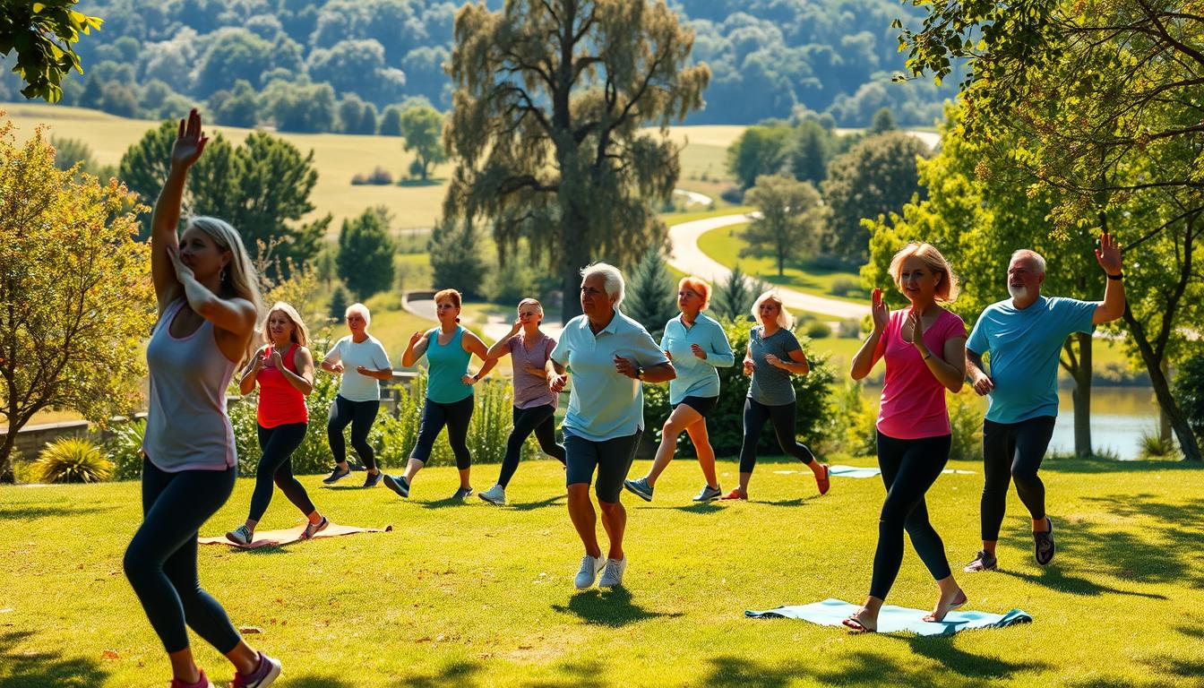 A group of people engaged in various low-impact exercises in a serene outdoor setting, surrounded by lush greenery. The foreground depicts individuals performing gentle stretches, yoga poses, and light aerobic movements. The middle ground showcases a mix of brisk walking, jogging, and balance exercises. The background features a tranquil landscape with trees, a winding path, and a calming body of water. The scene is bathed in vibrant, natural lighting, conveying a sense of rejuvenation and cognitive stimulation. The overall atmosphere is one of mindfulness, vitality, and a proactive approach to Alzheimer's prevention through physical activity.