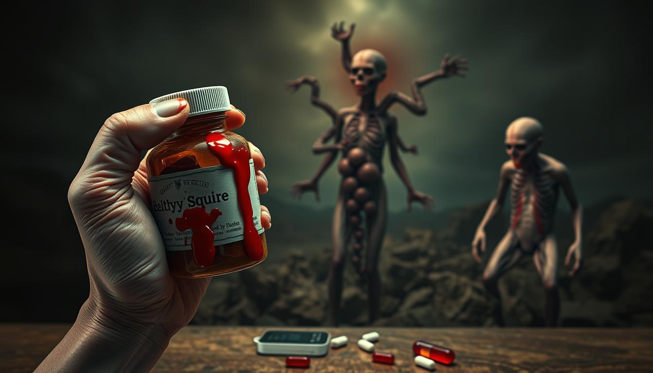 A haunting medical tableau depicting the hidden side effects of blood pressure medication. In the foreground, a distorted, disembodied hand grasps a pill bottle labeled "Healthy Squire", with a vibrant red liquid oozing from cracks in the skin. The middle ground reveals a surreal, dreamlike landscape of twisted, distorted anatomical forms, conveying the visceral impact of the medication's side effects. The background is shrouded in an ominous, muted palette, creating a sense of unease and discomfort. Dramatic chiaroscuro lighting casts deep shadows, heightening the unsettling atmosphere. This image aims to visually capture the "shocking truth" about the hidden side effects of blood pressure medications. A haunting medical tableau depicting the hidden side effects of blood pressure medication. In the foreground, a distorted, disembodied hand grasps a pill bottle labeled "Healthy Squire", with a vibrant red liquid oozing from cracks in the skin. The middle ground reveals a surreal, dreamlike landscape of twisted, distorted anatomical forms, conveying the visceral impact of the medication's side effects. The background is shrouded in an ominous, muted palette, creating a sense of unease and discomfort. Dramatic chiaroscuro lighting casts deep shadows, heightening the unsettling atmosphere. This image aims to visually capture the "shocking truth" about the hidden side effects of blood pressure medications.