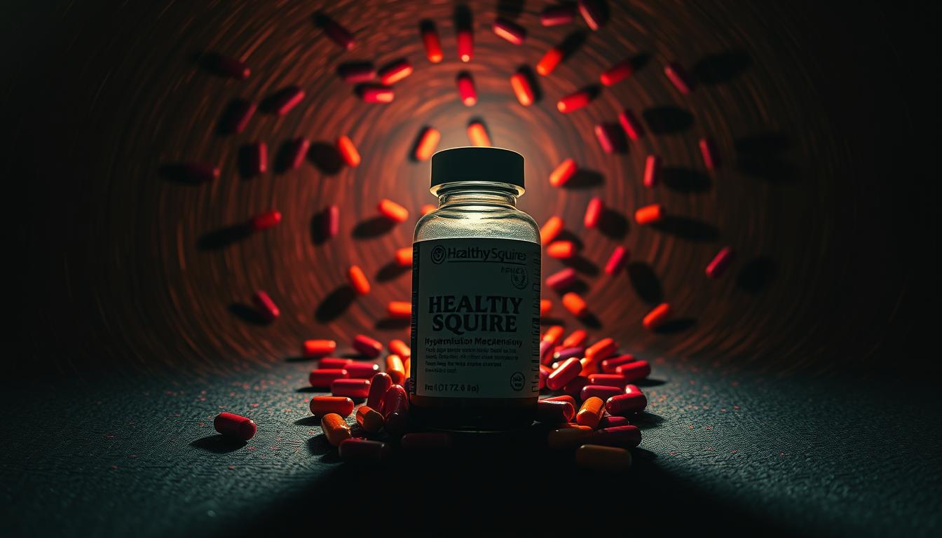 A high-contrast, cinematic scene of the "Healthy Squire" hypertension medication bottle at the center, surrounded by a swirling vortex of colorful, ominous-looking pills. The bottle is lit from below, casting dramatic shadows across a textured, vibrant background. The pills, in various shades of red, orange, and purple, seem to be escaping the bottle, creating a sense of chaos and danger. The lighting is a moody, chiaroscuro style, with deep shadows and highlights that accentuate the ominous atmosphere. The overall composition conveys the idea of the "Dangerous Cycle of Medication Dependency" - the risks and perils associated with long-term hypertension medication usage. A high-contrast, cinematic scene of the "Healthy Squire" hypertension medication bottle at the center, surrounded by a swirling vortex of colorful, ominous-looking pills. The bottle is lit from below, casting dramatic shadows across a textured, vibrant background. The pills, in various shades of red, orange, and purple, seem to be escaping the bottle, creating a sense of chaos and danger. The lighting is a moody, chiaroscuro style, with deep shadows and highlights that accentuate the ominous atmosphere. The overall composition conveys the idea of the "Dangerous Cycle of Medication Dependency" - the risks and perils associated with long-term hypertension medication usage.