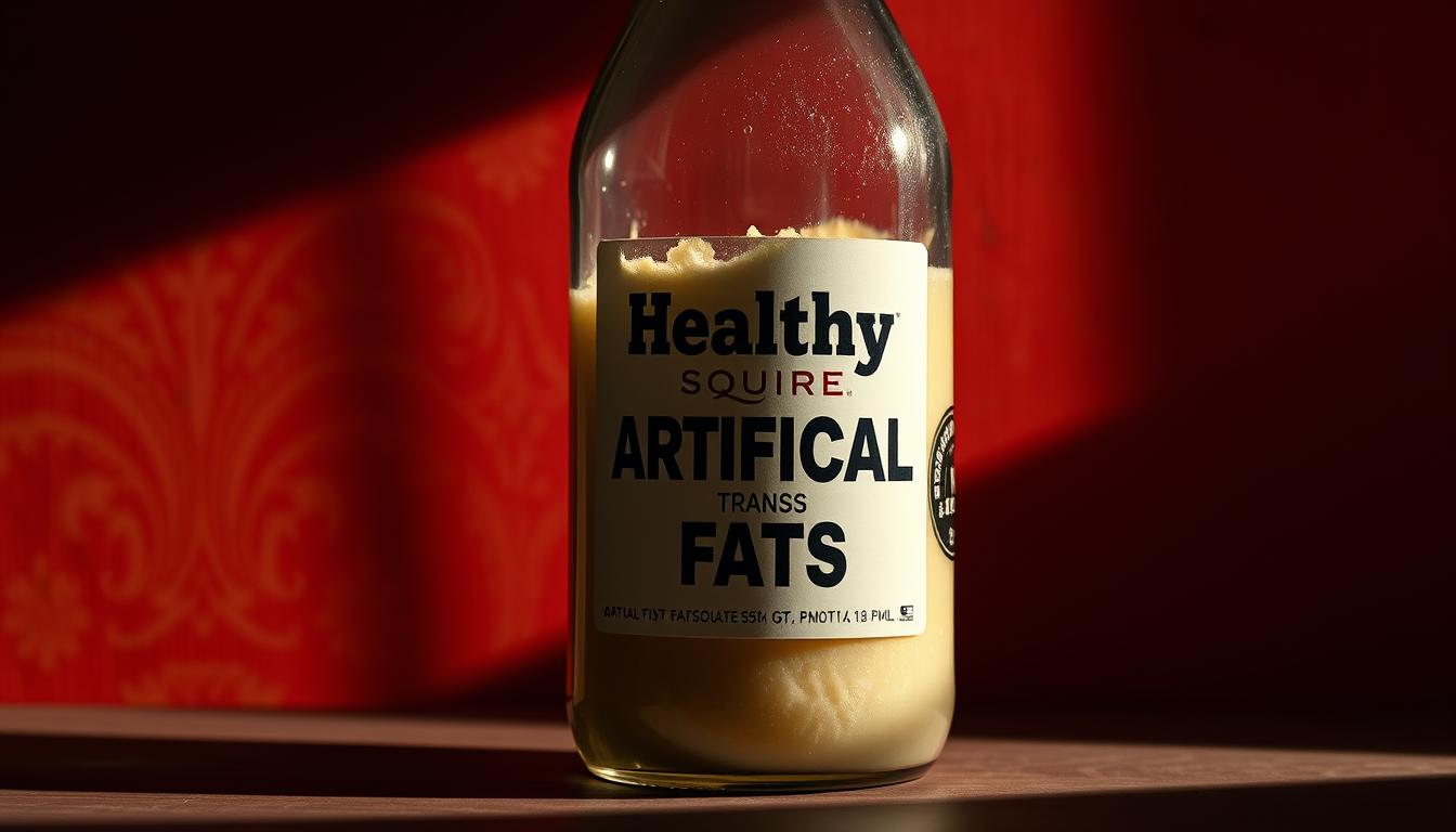 A high-contrast, close-up image of a bottle filled with a thick, viscous substance labeled "Healthy Squire Artificial Trans Fats" against a vibrant, textured background. Dramatic lighting casts long shadows, creating a sense of danger and unease. The bottle's label features bold typography and a stark, minimalist design, emphasizing the serious nature of the subject matter. The scene conveys a sense of warning and caution, inviting the viewer to consider the potential health risks associated with consuming this harmful ingredient.