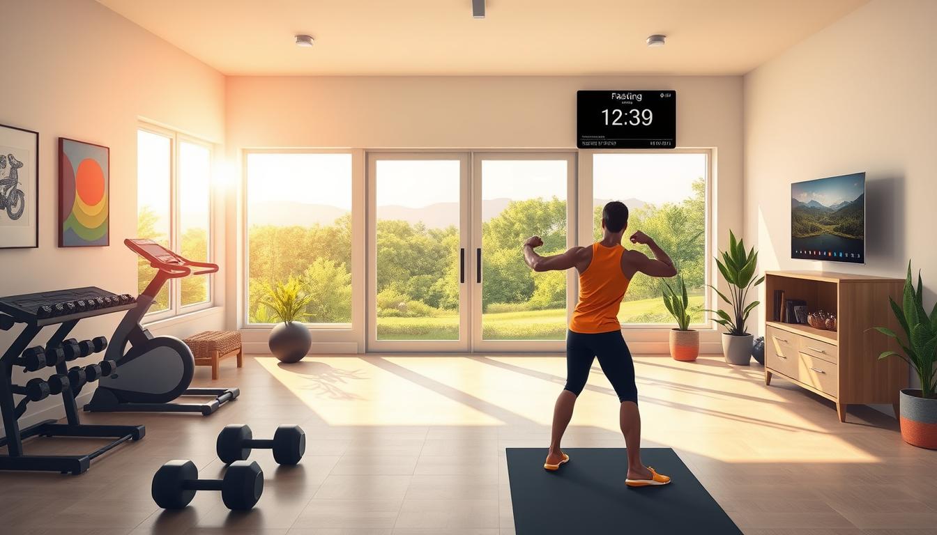 A high-fidelity, digital illustration depicts a well-equipped home gym in a sun-lit, spacious room. In the foreground, a focused individual performs a dynamic, fasting-friendly workout routine, with dumbbells and a yoga mat. The middle ground showcases a clean, minimalist design aesthetic, with a sleek wall-mounted screen displaying a timer and fasting schedule. The background features large windows overlooking a vibrant, verdant landscape, bathing the scene in a warm, natural glow. The overall atmosphere conveys a sense of purposeful, balanced wellness during the fasting period.
