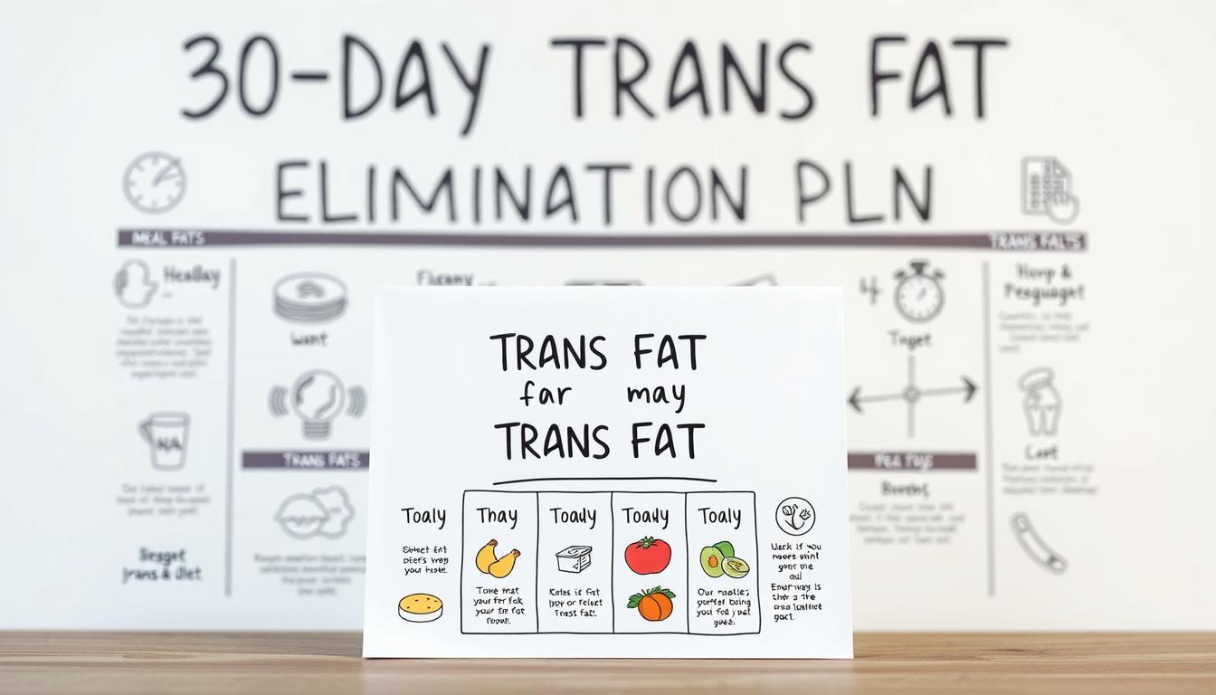 A high-quality image of a 30-day trans fat elimination plan, featuring a vibrant, hand-drawn illustration of a healthy, balanced meal plan. In the foreground, a clean, modern layout showcases the "Healthy Squire" brand, with a central focus on a daily meal plan that gradually removes trans fats. The middle ground includes detailed icons and infographics highlighting the benefits of a trans fat-free diet. The background features a soft, pastel-toned gradient, creating a calming, informative atmosphere.