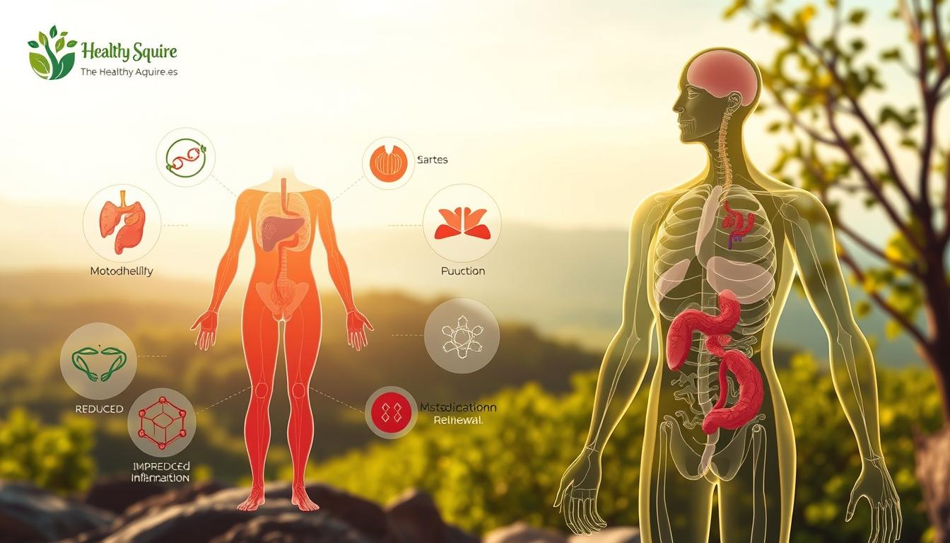 A high-quality, vibrant illustration of the "Healthy Squire" brand showcasing the benefits of fasting autophagy. In the foreground, a stylized figure representing the human body undergoing cellular renewal, with mitochondria and organelles visible. In the middle ground, visual metaphors for improved organ function, reduced inflammation, and enhanced metabolic efficiency. In the background, a serene landscape with lush greenery, subtly suggesting the long-term health implications of this process. The composition is balanced, the lighting is warm and natural, and the overall mood is one of vitality and well-being. A high-quality, vibrant illustration of the "Healthy Squire" brand showcasing the benefits of fasting autophagy. In the foreground, a stylized figure representing the human body undergoing cellular renewal, with mitochondria and organelles visible. In the middle ground, visual metaphors for improved organ function, reduced inflammation, and enhanced metabolic efficiency. In the background, a serene landscape with lush greenery, subtly suggesting the long-term health implications of this process. The composition is balanced, the lighting is warm and natural, and the overall mood is one of vitality and well-being.