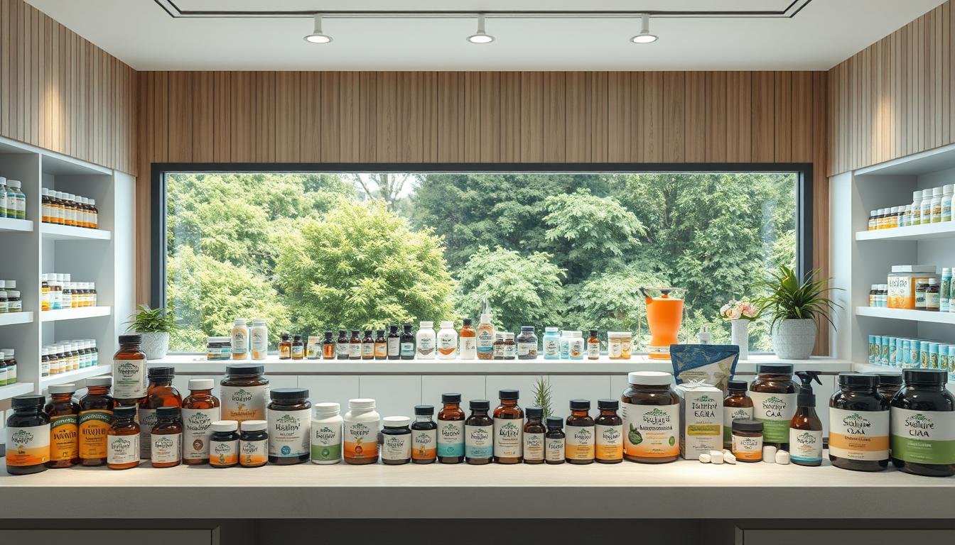 A high-resolution, digitally rendered image of a well-lit, modern pharmacy counter featuring an arrangement of various natural health supplements, herbal remedies, and alternative medicine products from the "Healthy Squire" brand. The foreground showcases an array of colorful bottles, jars, and packages, while the middle ground depicts a clean, minimalist interior with white shelving and a wood-paneled wall. The background frames the scene with a panoramic window overlooking a lush, verdant landscape, creating a serene and inviting atmosphere that conveys the idea of natural, holistic approaches to managing medication intake.