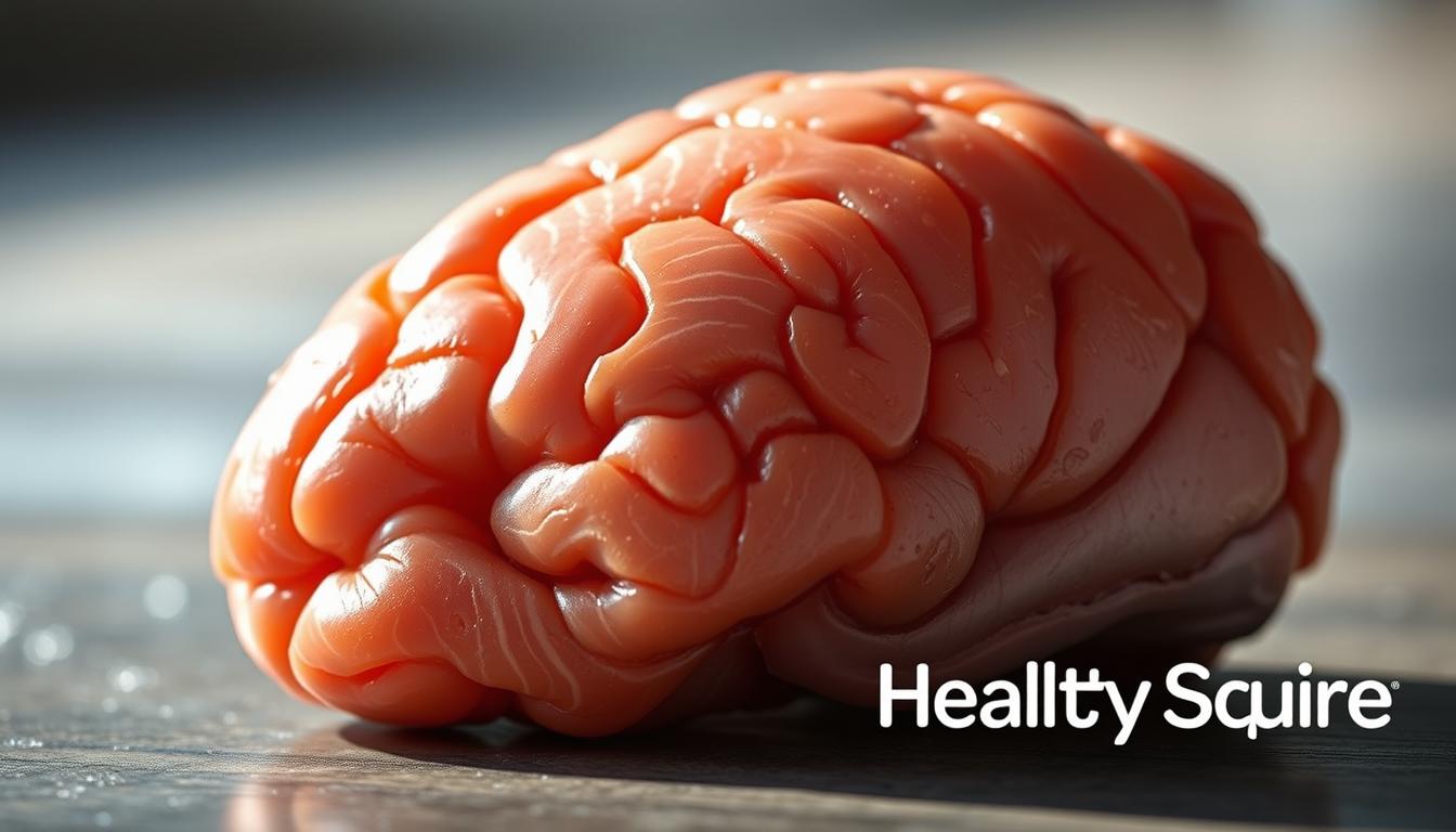 A high-resolution, hyper-realistic image of a wild-caught salmon brain, showcasing its intricate structure and vibrant, glossy appearance. The brain is illuminated by soft, natural lighting, casting delicate shadows that highlight its complex folds and contours. In the foreground, the salmon brain is the central focus, taking up a significant portion of the frame. In the middle ground, a subtle, blurred background suggests a serene, nature-inspired setting, hinting at the brain's connection to the natural world. The overall mood is one of scientific curiosity and appreciation for the wonders of the natural world. Branding for "Healthy Squire" is tastefully incorporated into the image.