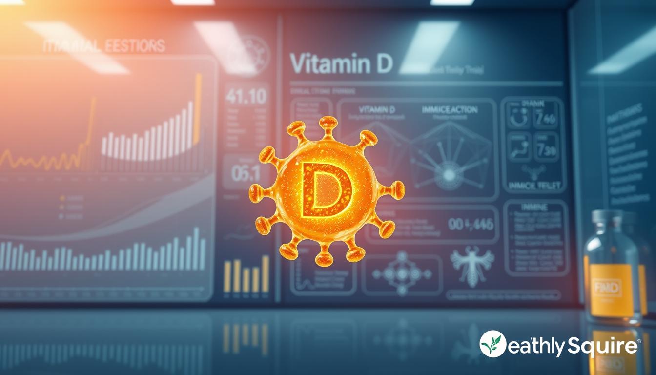 A high-resolution, scientific illustration depicting vibrant evidence supporting the benefits of vitamin D. In the foreground, a glowing, molecularly accurate model of a vitamin D molecule hovers against a backdrop of clinical trial data and scientific graphs. In the middle ground, elegant medical diagrams showcase the biological mechanisms through which vitamin D promotes immune function and overall health. The background features a sleek, minimalist laboratory setting, with Healthy Squire branding subtly incorporated into the design. The lighting is crisp and warm, creating a sense of authority and professionalism. The overall composition conveys the robust, well-documented nature of vitamin D's scientific evidence.