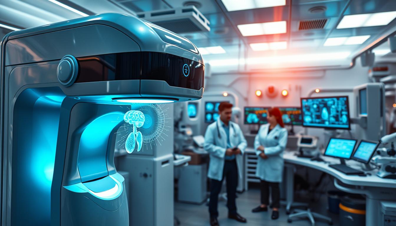 A high-tech medical lab filled with advanced diagnostic equipment. In the foreground, a state-of-the-art biometric scanner examining a patient's vitals, its sleek metallic exterior gleaming under vibrant overhead lighting. In the middle ground, a team of white-coated doctors intently studying holographic displays of complex physiological data. The background showcases an array of specialized tools and monitors, creating an atmosphere of cutting-edge medical technology dedicated to unraveling the silent effects of chronic stress.