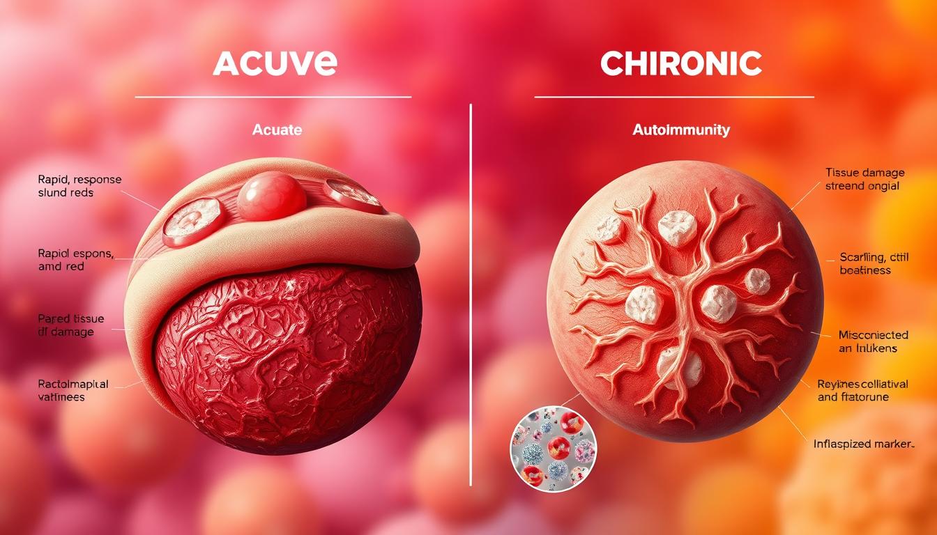 A highly detailed, anatomically accurate diagram showcasing the key differences between acute and chronic inflammation. The foreground depicts the distinct physiological processes - rapid response, swelling, and redness for acute, versus the prolonged tissue damage, scarring, and autoimmunity of chronic. The middle ground features microscopic views of inflammatory cells, cytokines, and other molecular markers. The background bathes the scene in a vibrant, saturated palette, highlighting the dynamic nature of the inflammatory response. Crisp lighting, sharp focus, and a seamless blend of medical illustration and fine art create a visually striking, educational visualization.