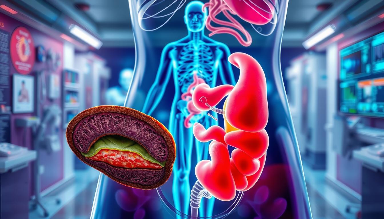 A highly detailed medical illustration showcasing the underlying causes of visceral fat accumulation. In the foreground, a cross-section of the abdominal region reveals layers of adipose tissue, with a focus on the deep, visceral fat deposits surrounding vital organs. The middle ground depicts a transparent human figure, highlighting the hormonal and metabolic pathways that contribute to this unhealthy fat distribution. In the background, a vibrant, clinical environment with medical equipment and diagnostic imagery provides context. Crisp lighting, a precise camera angle, and a vibrant color palette convey the complex, scientific nature of this health condition. A highly detailed medical illustration showcasing the underlying causes of visceral fat accumulation. In the foreground, a cross-section of the abdominal region reveals layers of adipose tissue, with a focus on the deep, visceral fat deposits surrounding vital organs. The middle ground depicts a transparent human figure, highlighting the hormonal and metabolic pathways that contribute to this unhealthy fat distribution. In the background, a vibrant, clinical environment with medical equipment and diagnostic imagery provides context. Crisp lighting, a precise camera angle, and a vibrant color palette convey the complex, scientific nature of this health condition.