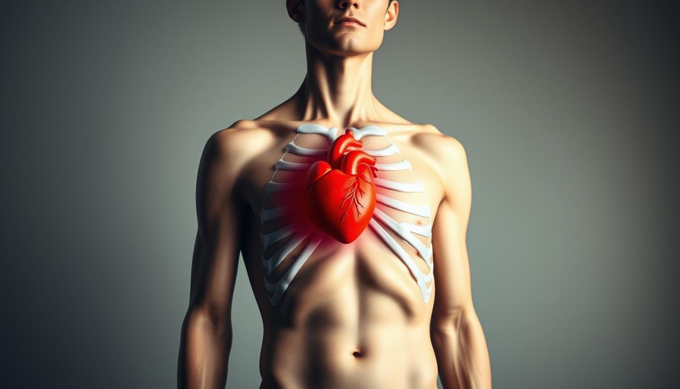 A human figure standing upright, with a focused expression, in a well-lit studio setting. The subject's torso is highlighted, revealing the spine and ribcage in a neutral, upright posture. Soft lighting casts subtle shadows, accentuating the contours of the body and the central position of the heart. The background is muted, with hints of a medical or scientific setting, conveying the connection between posture and cardiovascular health. The overall mood is vibrant, contemplative, and educational, inviting the viewer to consider the importance of proper posture for heart health.