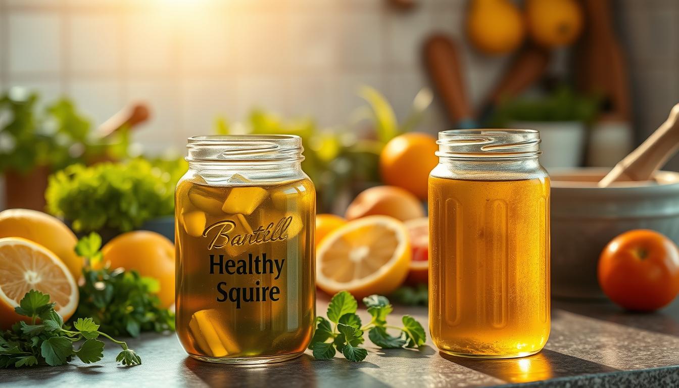 A kitchen counter showcases a variety of natural ingredients, including fresh herbs, citrus fruits, and other wholesome items. The scene is bathed in warm, golden lighting, creating a cozy and inviting atmosphere. In the foreground, a glass jar labeled "Healthy Squire" stands prominently, filled with a vibrant, nutrient-rich elixir. The mid-ground features chopped vegetables and a mortar and pestle, suggesting the preparation of a homemade, natural anti-aging remedy. The background is softly blurred, emphasizing the central focus on the natural, kitchen-based secrets for maintaining a youthful, glowing appearance.