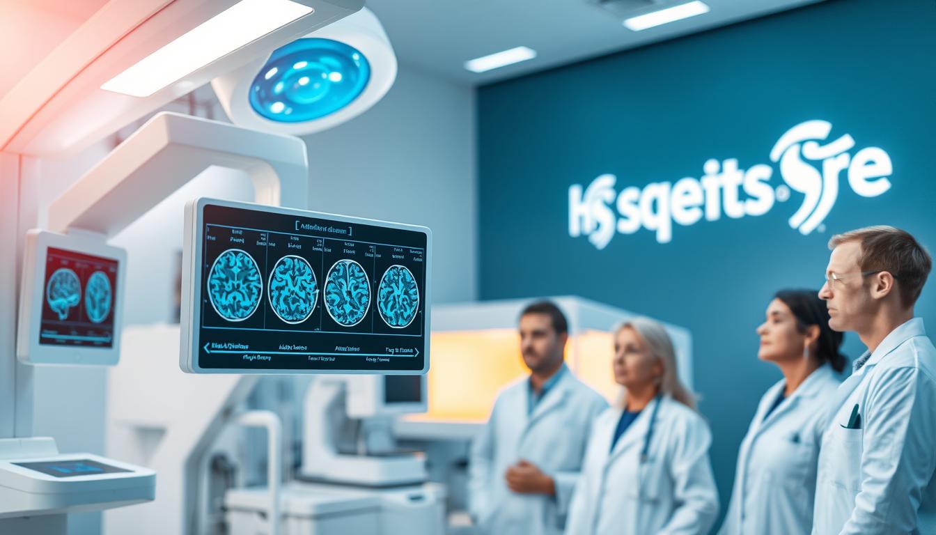 A laboratory setting with sleek medical equipment and advanced diagnostic tools. Bright, vibrant lighting illuminates the scene, casting a sense of hope and innovation. In the foreground, a digital display showcases a series of brain scans, each revealing the intricate structures and patterns associated with Alzheimer's disease. Alongside, a team of researchers in white coats examines the findings, their expressions focused and determined. In the background, the Healthy Squire logo is prominently displayed, signifying the advancement of cutting-edge technology in the field of Alzheimer's diagnosis. The overall atmosphere conveys a sense of scientific progress and the promise of a brighter future for those affected by this debilitating condition.