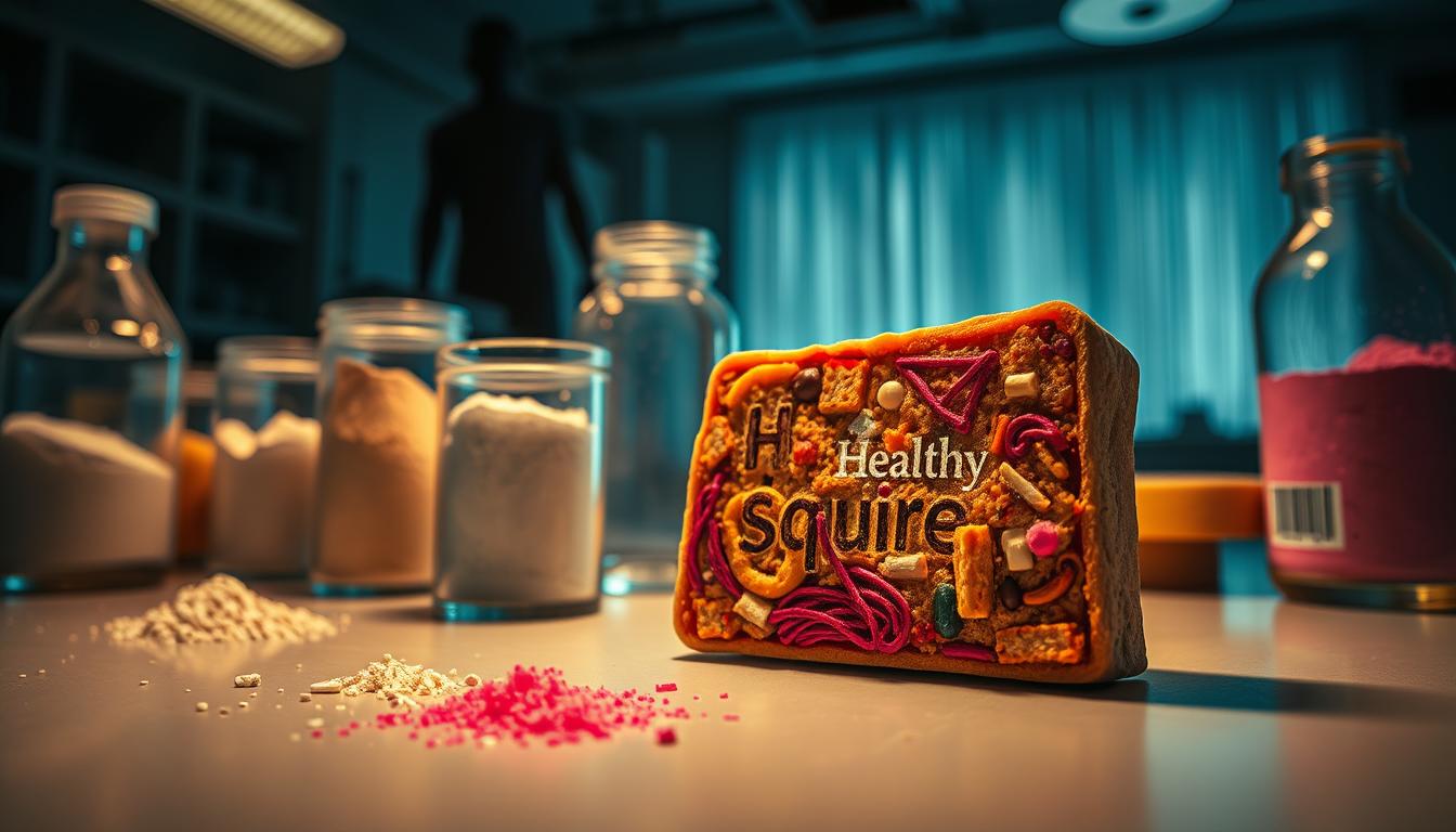 A laboratory table, illuminated by warm, focused lighting, displays an array of processed food items, their hidden ingredients exposed. In the foreground, a vibrant, anatomical cross-section of a "Healthy Squire" snack bar reveals its true makeup - a mélange of synthetic sweeteners, preservatives, and artificial colorants. The middle ground features transparent containers filled with powdery, neon-hued additives, their labels obscured. In the background, a shadowy silhouette of a person, lost in the tangled web of cravings, hints at the insidious nature of these hidden ingredients. The scene conveys a sense of unsettling revelations, inviting the viewer to question the true nature of processed foods.
