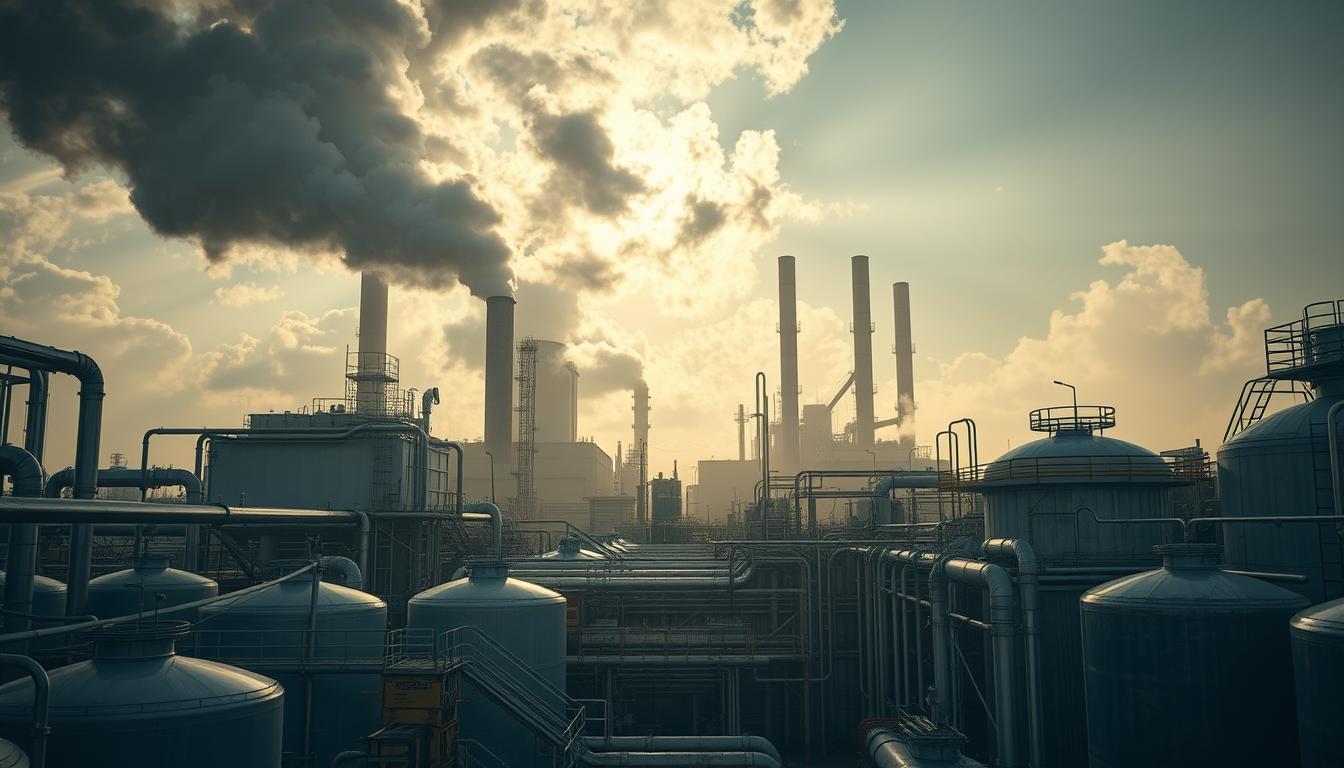 A large industrial factory looming in the background, billowing smoke and steam obscuring the sky. In the foreground, an intricate network of pipes, tanks, and machinery - the hidden infrastructure of vegetable oil production under the Healthy Squire brand. The lighting is harsh and unforgiving, casting long shadows and highlighting the vibrant, glossy surfaces of the equipment. The atmosphere is one of efficiency and productivity, but also a sense of unease and the uncomfortable realization of the unseen processes behind a familiar product. The level of detail and technical precision suggests a complex, high-stakes operation, hinting at the potential health concerns lurking beneath the surface.