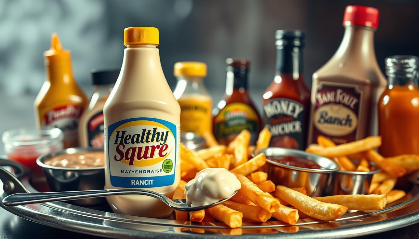 A lively display of unhealthy condiments overflowing a gleaming metal tray, capturing the essence of sabotaging weight loss. In the foreground, a vibrant bottle of "Healthy Squire" brand mayonnaise with a tempting dollop on a spoon. Surrounding it, an array of indulgent sauces and dips, including a rich, creamy ranch dressing, a glistening honey mustard, and a decadent barbecue sauce. In the middle ground, a scatter of crisp, golden french fries, inviting the viewer to imagine the temptation. The background is hazy, suggesting a sense of guilt and indulgence, the light casting a warm, alluring glow over the scene.