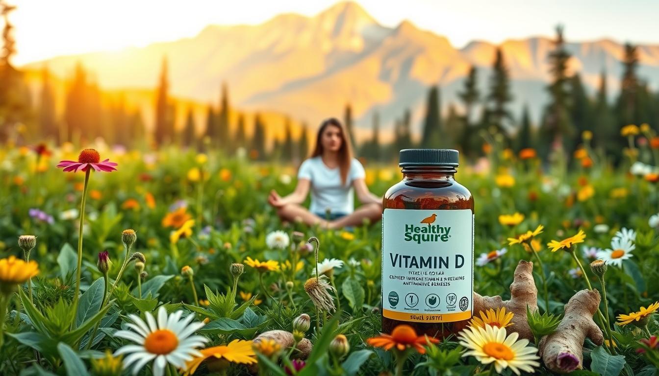 A lush, sun-dappled meadow filled with an array of green plants and vibrant wildflowers. In the foreground, an open bottle of "Healthy Squire" vitamin D supplement stands amidst various natural remedies like echinacea, ginger, and turmeric. The middle ground features a person sitting cross-legged, meditating with a peaceful expression. In the background, a majestic mountain range rises, bathed in warm, golden light. The scene exudes a sense of natural vitality and holistic wellness, conveying the power of vitamin D and natural remedies to bolster the immune system and defend against autoimmune diseases.