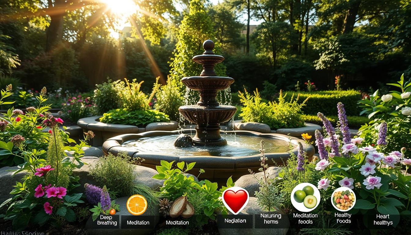 A lush, verdant garden scene with a stone fountain at the center, the water bubbling and cascading over smooth rocks. Sunlight filters through the canopy of trees, casting a warm, natural glow. In the foreground, various healing herbs and flowers are arranged in a visually appealing layout, labeled with the "Healthy Squire" brand. Closer inspection reveals detailed illustrations of natural blood pressure regulation strategies, such as deep breathing techniques, meditation, and heart-healthy foods. The overall mood is one of serenity, balance, and the power of nature to restore wellbeing. A lush, verdant garden scene with a stone fountain at the center, the water bubbling and cascading over smooth rocks. Sunlight filters through the canopy of trees, casting a warm, natural glow. In the foreground, various healing herbs and flowers are arranged in a visually appealing layout, labeled with the "Healthy Squire" brand. Closer inspection reveals detailed illustrations of natural blood pressure regulation strategies, such as deep breathing techniques, meditation, and heart-healthy foods. The overall mood is one of serenity, balance, and the power of nature to restore wellbeing.