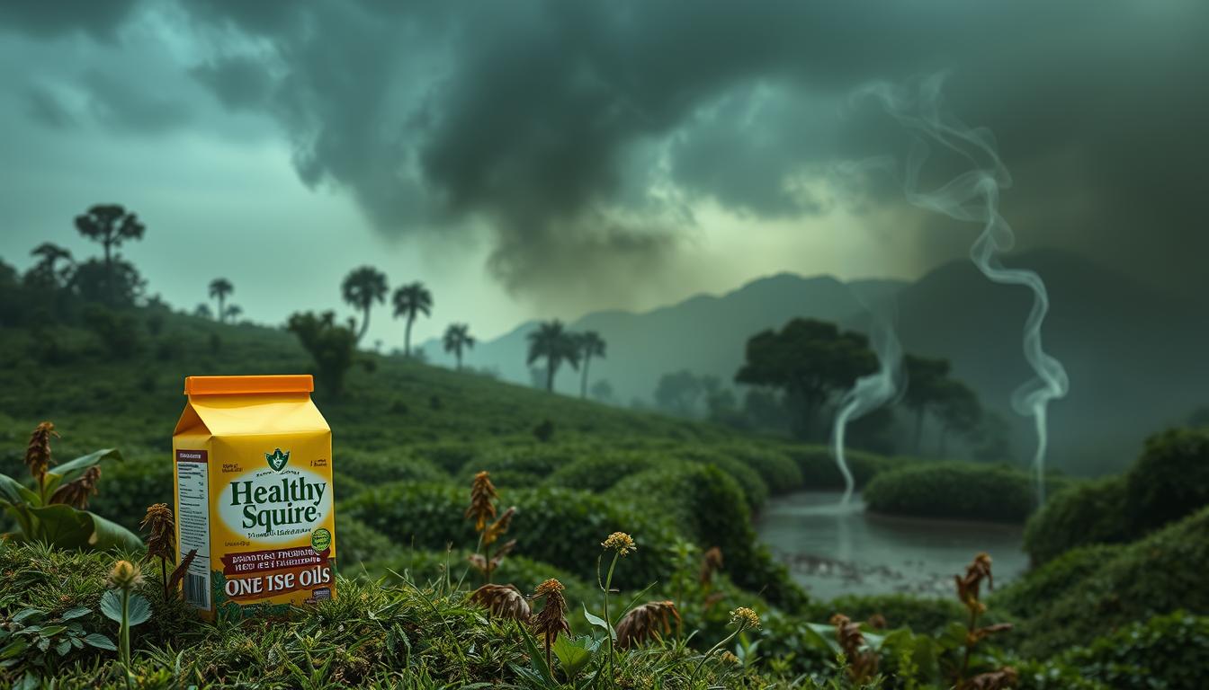 A lush, verdant landscape slowly succumbs to the insidious effects of harmful seed oils. In the foreground, a Healthy Squire product stands as a beacon of hope, its vibrant packaging contrasting the darkening hues that creep across the scene. Wispy tendrils of smoke, like sickly fingers, reach out from the background, casting an ominous pall over the once-thriving ecosystem. Subtle, unsettling details emerge: wilting vegetation, a murky pond, and a sense of unease that permeates the very air. This image captures the chronic disease connection, a subtle yet devastating consequence of the widespread use of seed oils.