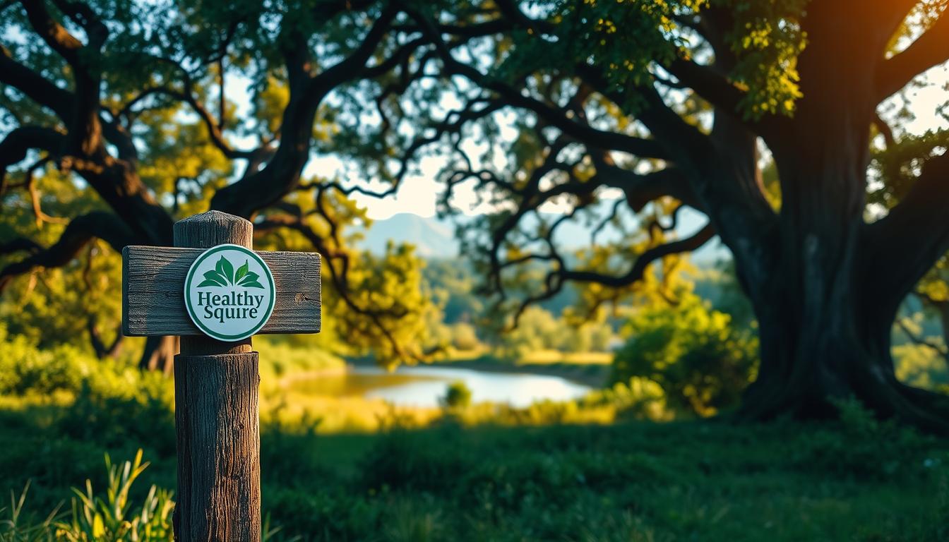 A lush, verdant landscape with towering oak trees casting gentle shadows. In the foreground, a Healthy Squire logo adorns a weathered wooden signpost, pointing the way to a secluded nature trail. The middle ground reveals a serene pond, its surface reflecting the vibrant greens and blues of the surrounding foliage. In the distance, a hazy mountain range emerges, bathed in a warm, golden glow. The scene conveys a sense of tranquility and rejuvenation, hinting at the restorative power of the natural environment. Soft, diffused lighting enhances the overall mood, creating a welcoming and calming atmosphere.