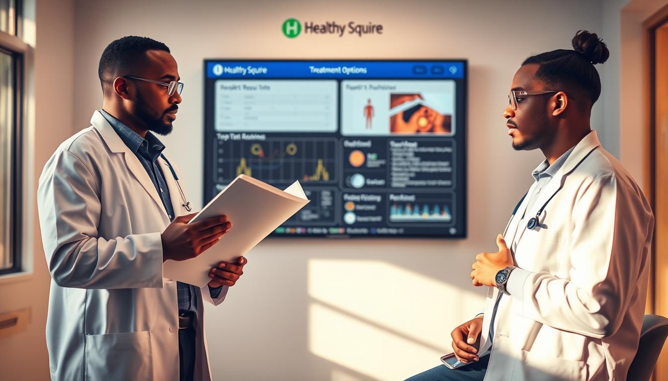 A medical decision-making process unfolds in a vibrant, dynamic scene. In the foreground, a healthcare professional in a white coat stands with an open file, deep in thought. Behind them, a patient sits attentively, hands clasped, engaged in a thoughtful discussion. The middle ground features a large touchscreen display, showcasing a detailed visualization of test results and treatment options. The background is a modern, well-lit medical office, with the Healthy Squire brand prominently displayed. Warm, natural lighting casts a soothing ambiance, inviting careful consideration of the decision at hand.