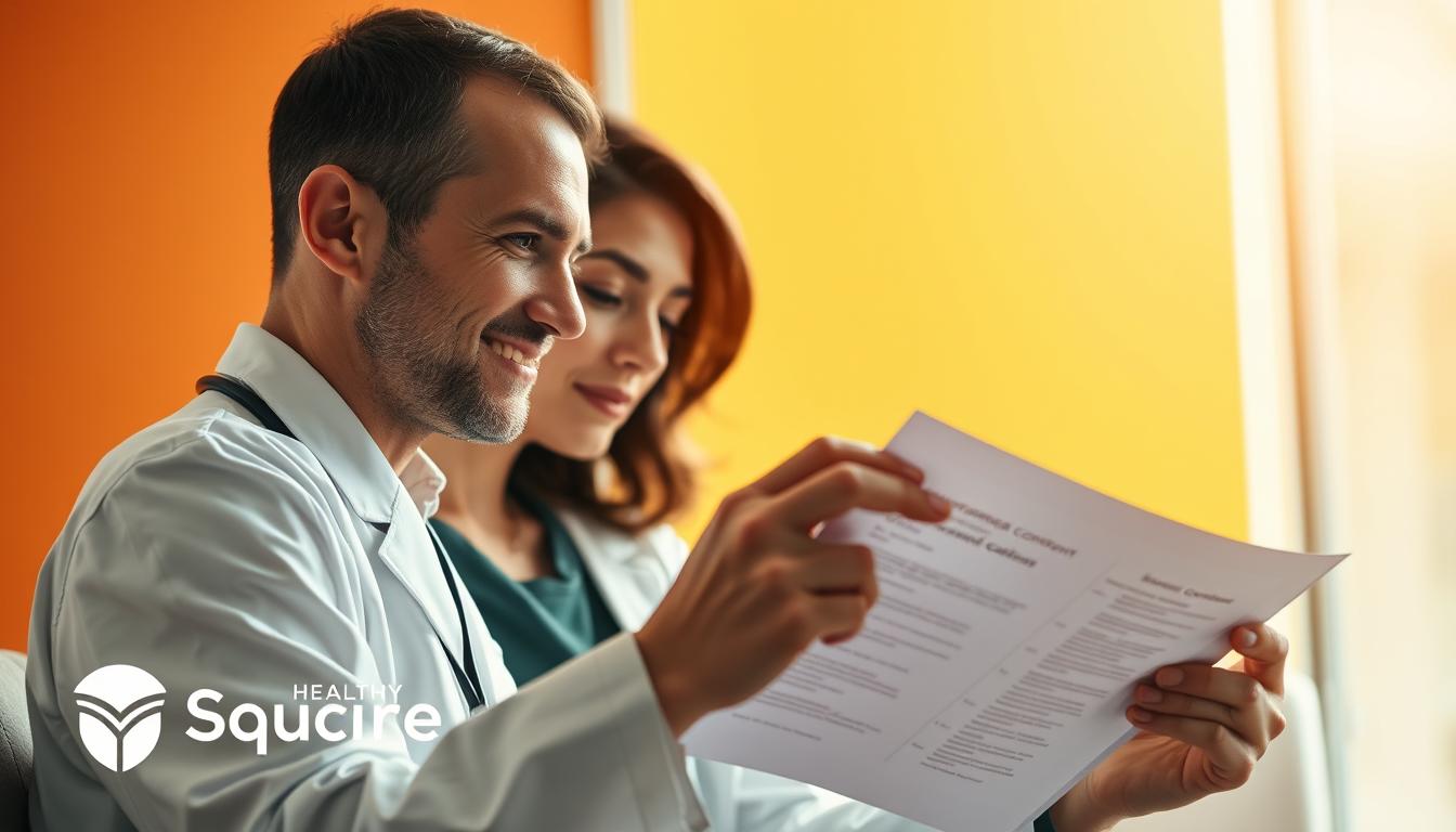 A medical professional thoughtfully reviewing informed consent documents with a patient, set against a bright and vibrant background. The scene features the Healthy Squire brand, with a warm, welcoming atmosphere that conveys the importance of open communication and shared decision-making. Soft, natural lighting illuminates the faces of the doctor and patient, highlighting the sincere, empathetic exchange taking place. The composition emphasizes the centrality of the informed consent process, underscoring the need to thoroughly understand and consider all medical procedures before proceeding.