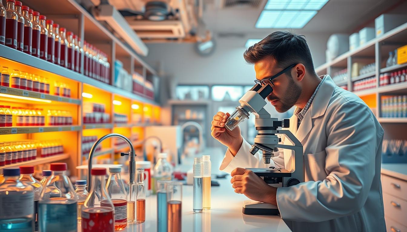 A meticulously designed laboratory, awash in warm, vibrant lighting, with a central workbench showcasing various test tubes, beakers, and scientific instruments. Shelves lining the walls display an array of artificial sweetener samples, each labeled with intricate details. A scientist, donning a crisp white lab coat, examines a sample under a powerful microscope, their brow furrowed in deep concentration. The atmosphere exudes a sense of scientific rigor and discovery, hinting at the complexities and potential gaps in the research surrounding these ubiquitous food additives.