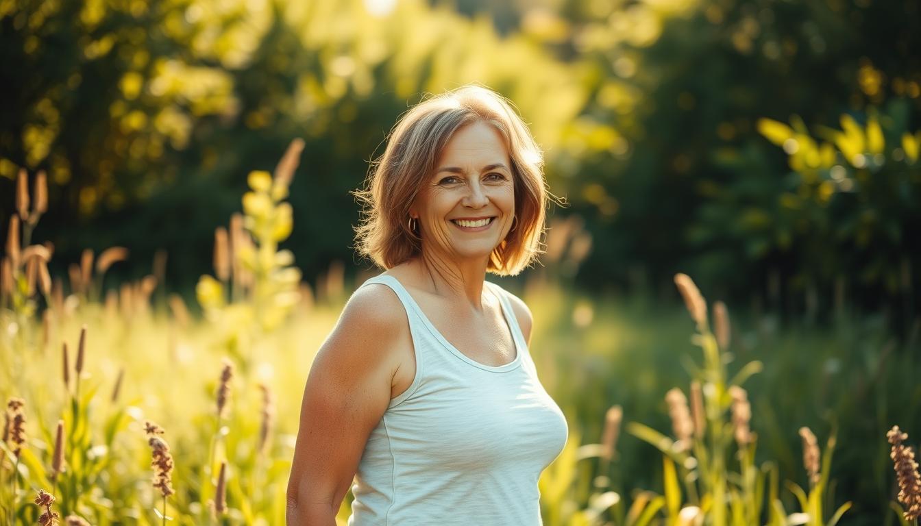 A middle-aged woman, her face glowing with a vibrant, healthy expression, stands in a sunlit meadow surrounded by verdant, lush foliage. Her figure is slender and toned, a stark contrast to the visceral fat that had once burdened her. In the background, a warm, golden light casts a soothing, tranquil atmosphere, suggesting the natural, effortless process of her body's transformation. The scene evokes a sense of balance, vitality, and the triumph of reclaiming one's physical well-being through lifestyle adjustments. A middle-aged woman, her face glowing with a vibrant, healthy expression, stands in a sunlit meadow surrounded by verdant, lush foliage. Her figure is slender and toned, a stark contrast to the visceral fat that had once burdened her. In the background, a warm, golden light casts a soothing, tranquil atmosphere, suggesting the natural, effortless process of her body's transformation. The scene evokes a sense of balance, vitality, and the triumph of reclaiming one's physical well-being through lifestyle adjustments.