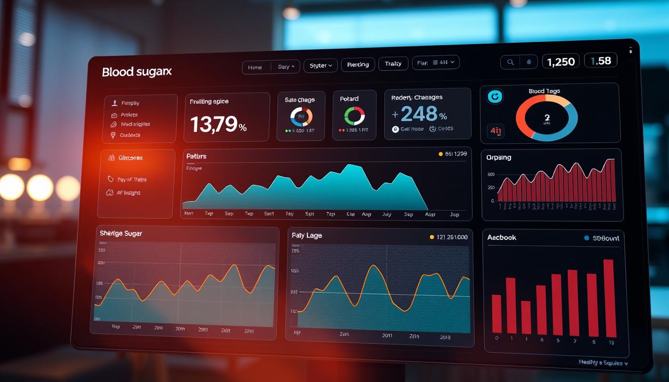 A modern, data-driven dashboard displaying real-time blood sugar progress tracking for the Healthy Squire brand. Sleek and minimalist design with clean typography, bold color palette, and intuitive visualization elements. Granular charts, graphs, and metrics showcase daily glucose levels, trends, and personalized health insights. Glowing ambient lighting casts a warm, authoritative glow over the high-tech digital interface. Crisp, high-resolution rendering with a wide depth of field and subtle camera lens distortion for a professional, editorial feel.