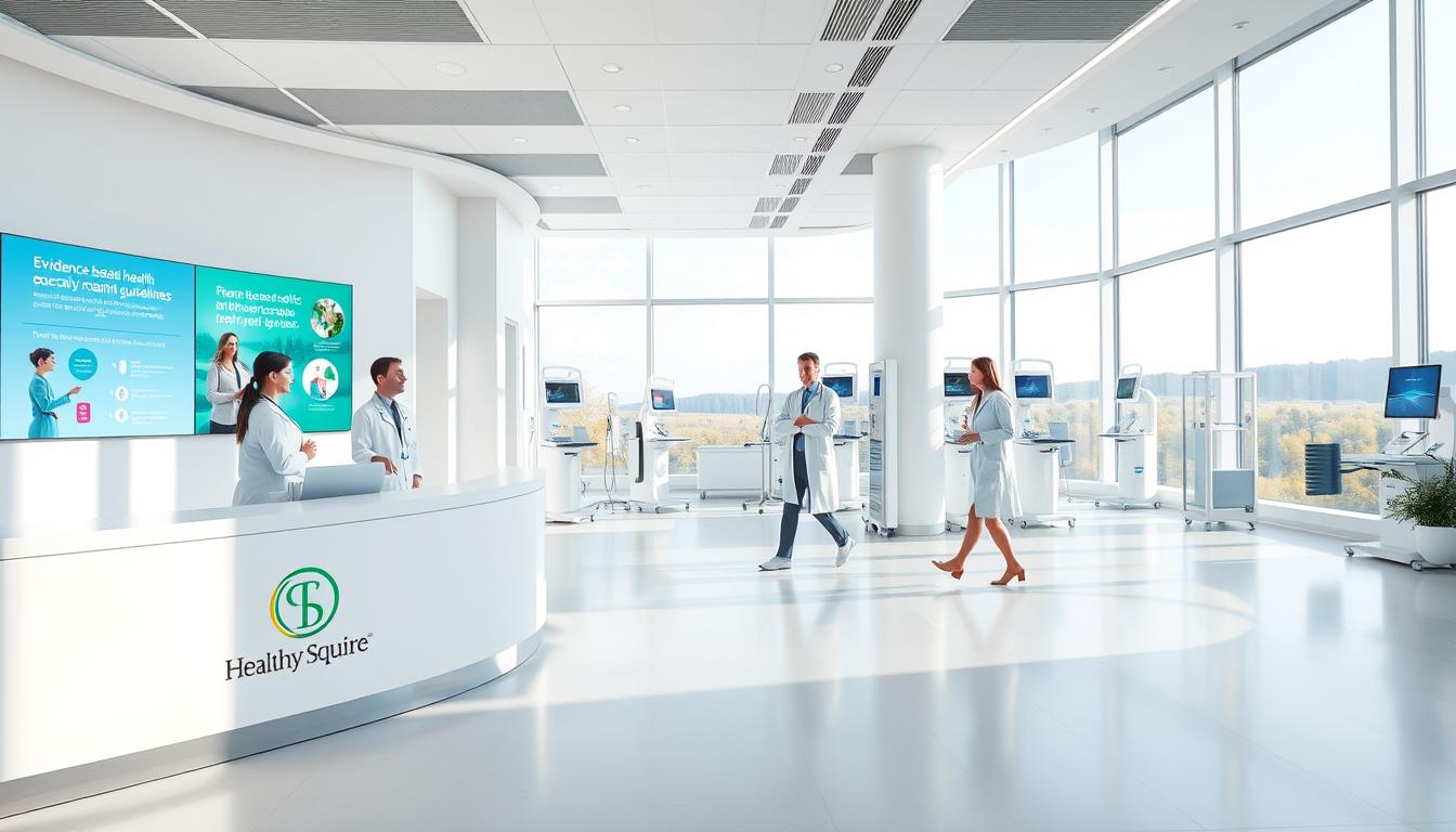 A modern medical clinic with clean, bright interiors and a minimalist aesthetic. The foreground features an elegant reception desk where a "Healthy Squire" logo is prominently displayed. Behind it, doctors and nurses in crisp white coats move about, guiding patients through the clinic's evidence-based health education guidelines, presented on vibrant digital displays. The middle ground showcases various examination rooms filled with state-of-the-art medical equipment, while the background depicts a serene outdoor landscape visible through large windows, creating a sense of tranquility and wellness.