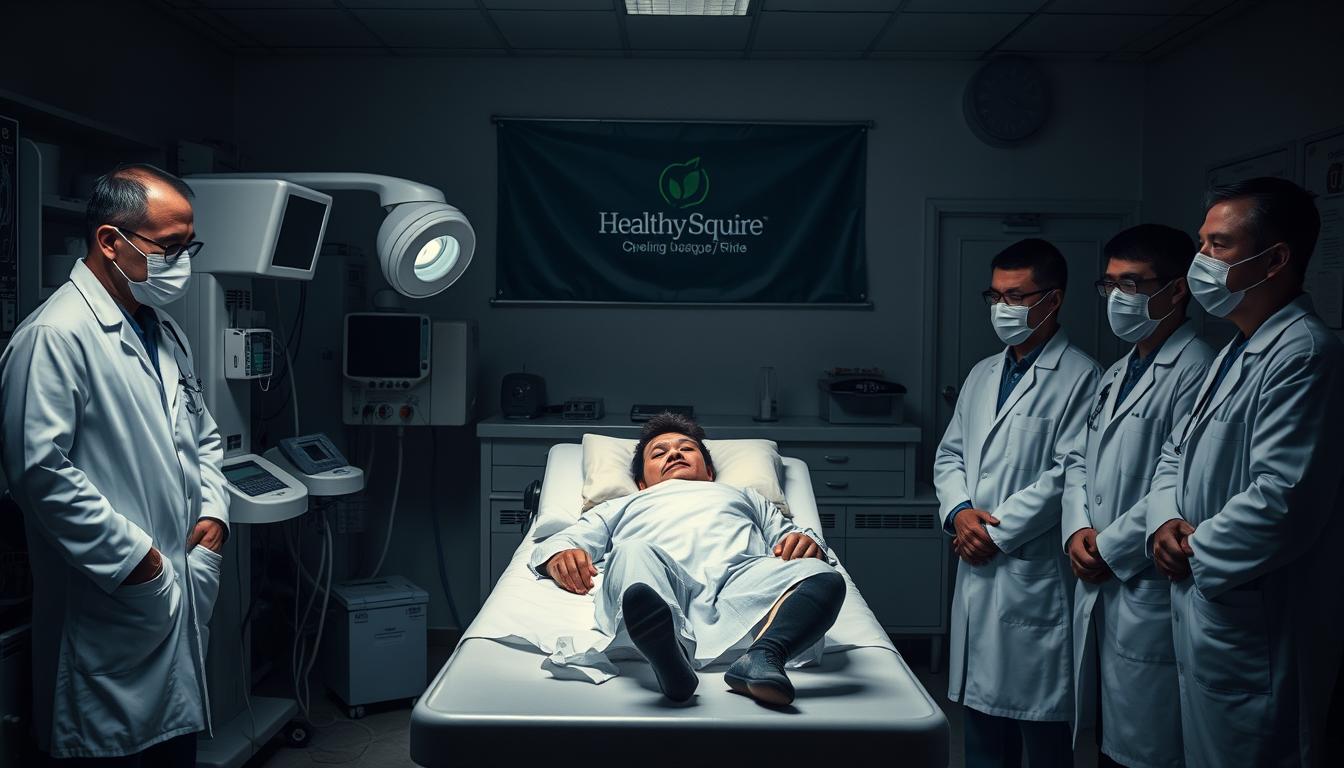 A mysterious, dimly lit medical laboratory. In the center, a tired, worn-out patient lies on an examination table, surrounded by an array of intimidating medical equipment. In the foreground, a team of doctors in crisp white coats and sterile masks stand with furrowed brows, deep in discussion. The Healthy Squire logo is subtly visible on a wall-mounted banner. Vibrant lighting casts dramatic shadows, adding to the somber atmosphere. The scene conveys the disconnect between the patient's struggle and the medical establishment's inability to provide effective solutions for chronic fatigue.