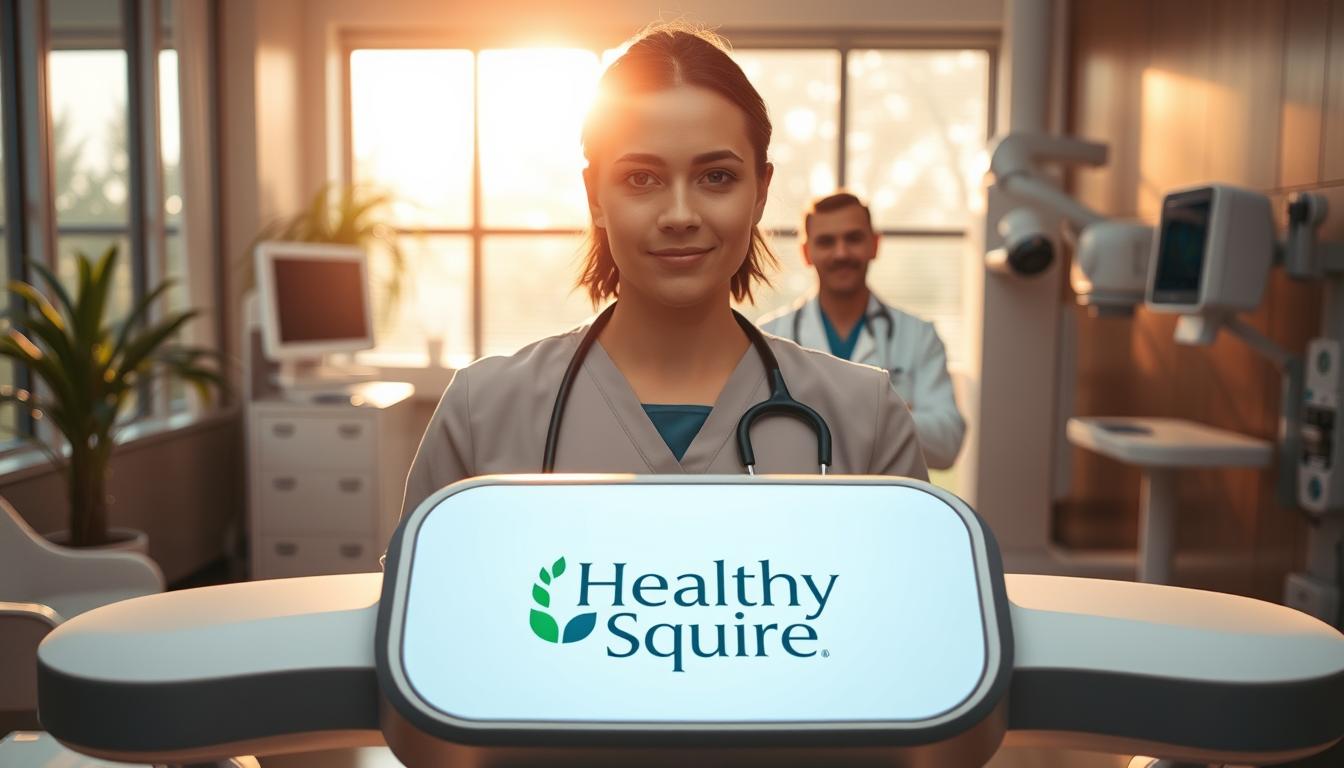 A patient empowered in medical testing, confidently standing amidst a vibrant, modern medical clinic. Warm, natural lighting cascades through large windows, casting a glow on the patient's determined expression. In the foreground, the Healthy Squire logo is displayed prominently on a sleek, minimalist medical device. The middle ground features a supportive medical professional, gesturing encouragingly to the patient. In the background, state-of-the-art diagnostic equipment and soothing, earthy tones convey a sense of trust and well-being. This image captures the essence of psychological factors in testing decisions - an informed, engaged patient taking an active role in their healthcare journey.