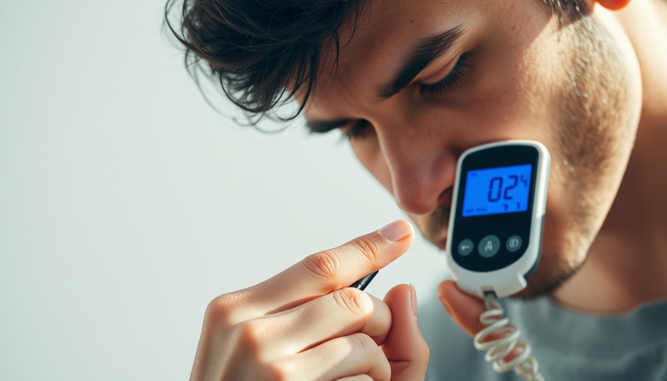 A person intently monitoring their glucose levels on a modern glucometer device, with a focused, thoughtful expression. The device screen displays a prominent digital readout against a clean, minimalist backdrop. Bright, natural lighting softly illuminates the scene, casting subtle shadows and highlighting the tactile details of the equipment. The atmosphere conveys a sense of personal health awareness and the importance of understanding one's body and its fluctuations. A person intently monitoring their glucose levels on a modern glucometer device, with a focused, thoughtful expression. The device screen displays a prominent digital readout against a clean, minimalist backdrop. Bright, natural lighting softly illuminates the scene, casting subtle shadows and highlighting the tactile details of the equipment. The atmosphere conveys a sense of personal health awareness and the importance of understanding one's body and its fluctuations.