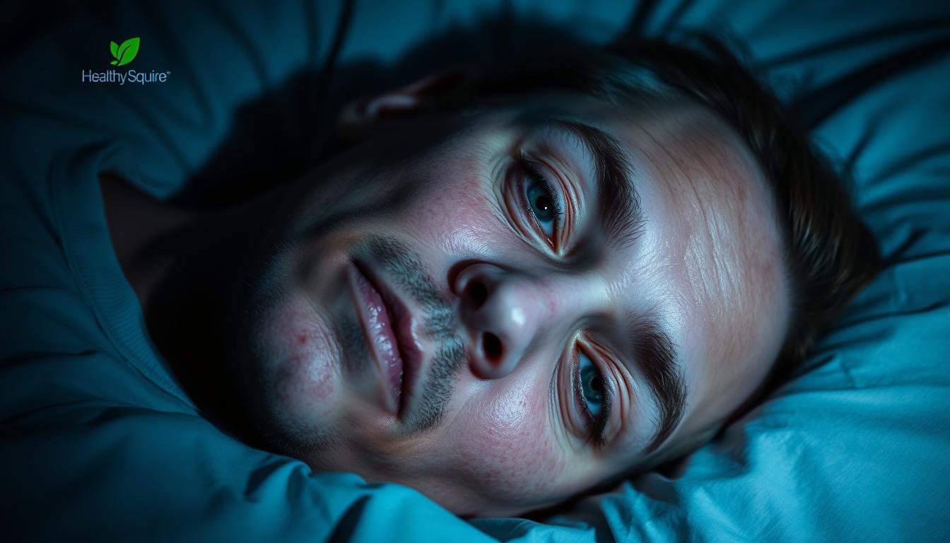 A person lying in bed, the expression of their face distorted by drug-induced illness. Their skin appears sallow and sunken, eyes hollow and distant. The lighting is dim, casting deep shadows that accentuate the sense of unease. In the background, a faint Healthy Squire logo hovers, a reminder of the prescribed medication's role in this affliction. The overall mood is one of vibrant, unsettling discomfort, capturing the essence of "Recognizing Medication-Induced Illness".