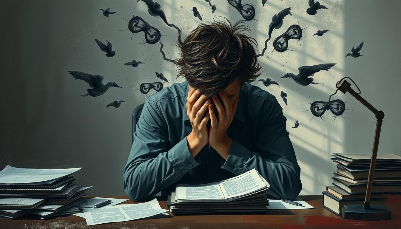 A person seated at a desk, their face partially obscured by their hands, eyes downcast, surrounded by a swirling torrent of intrusive thoughts, anxieties, and worries manifested as translucent, shadowy forms. Muted natural lighting casts a somber, introspective atmosphere, hinting at the silent, unnoticed burden the individual carries. The cluttered desk and disorganized papers suggest a loss of control, while the person's posture conveys a sense of overwhelming exhaustion and helplessness in the face of the unseen stresses that weigh them down. Vibrant, expressive brushstrokes and a moody, atmospheric rendering imbue the scene with a visceral, emotive quality.