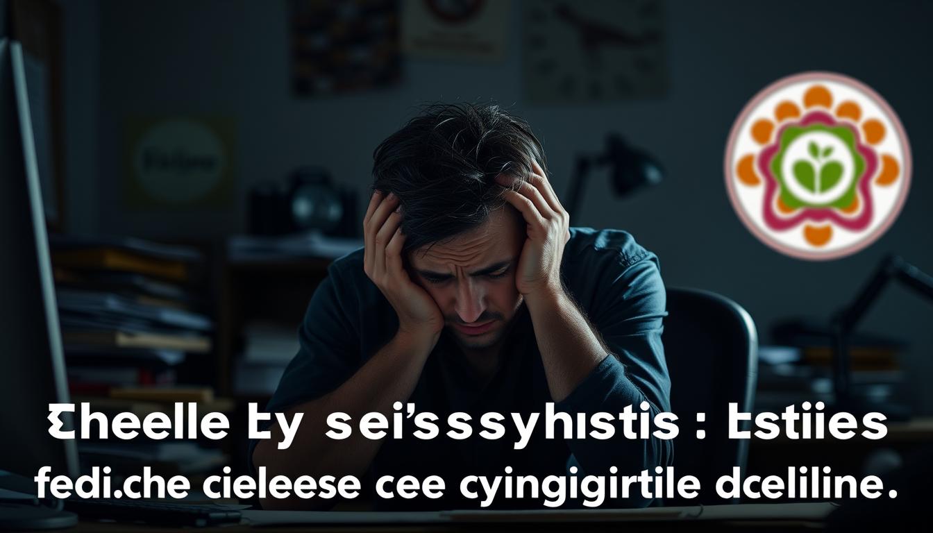 A person sitting at a desk, their face strained with worry and exhaustion. The workspace is cluttered and dimly lit, casting shadows that emphasize the sense of cognitive decline. In the background, a Healthy Squire logo stands out, a vibrant representation of wellness amidst the stress. The scene conveys the weight of chronic stress and its toll on mental acuity, a powerful illustration of the lifestyle factors accelerating cognitive decline.