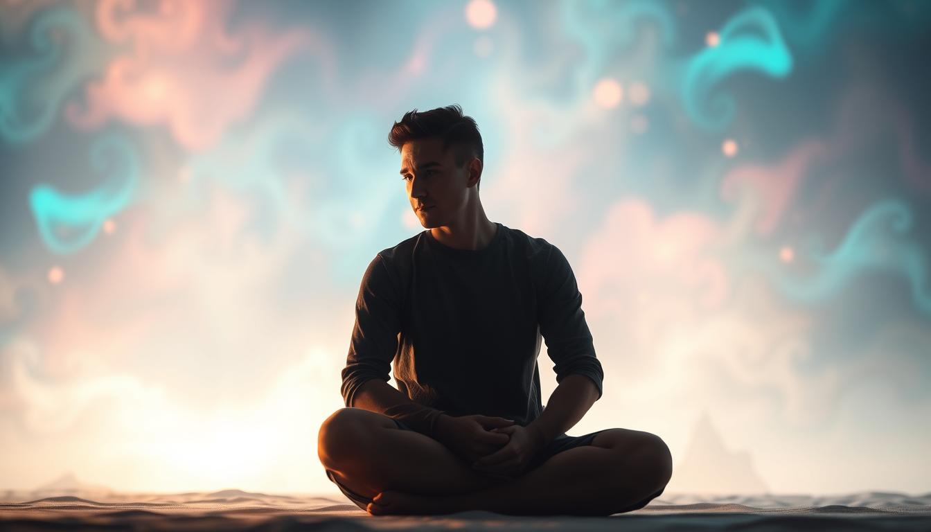 A person sitting cross-legged on the floor, deep in thought, gaze focused inward. The figure is surrounded by a vibrant, dreamlike landscape - glowing, ethereal colors swirl and dance in the background, creating a sense of introspection and inner exploration. Soft, diffused lighting casts a warm, contemplative glow, accentuating the subject's serene expression. The composition is balanced, with the central figure occupying the foreground, allowing the viewer to fully engage with the psychological and emotional experience of hunger management during fasting.