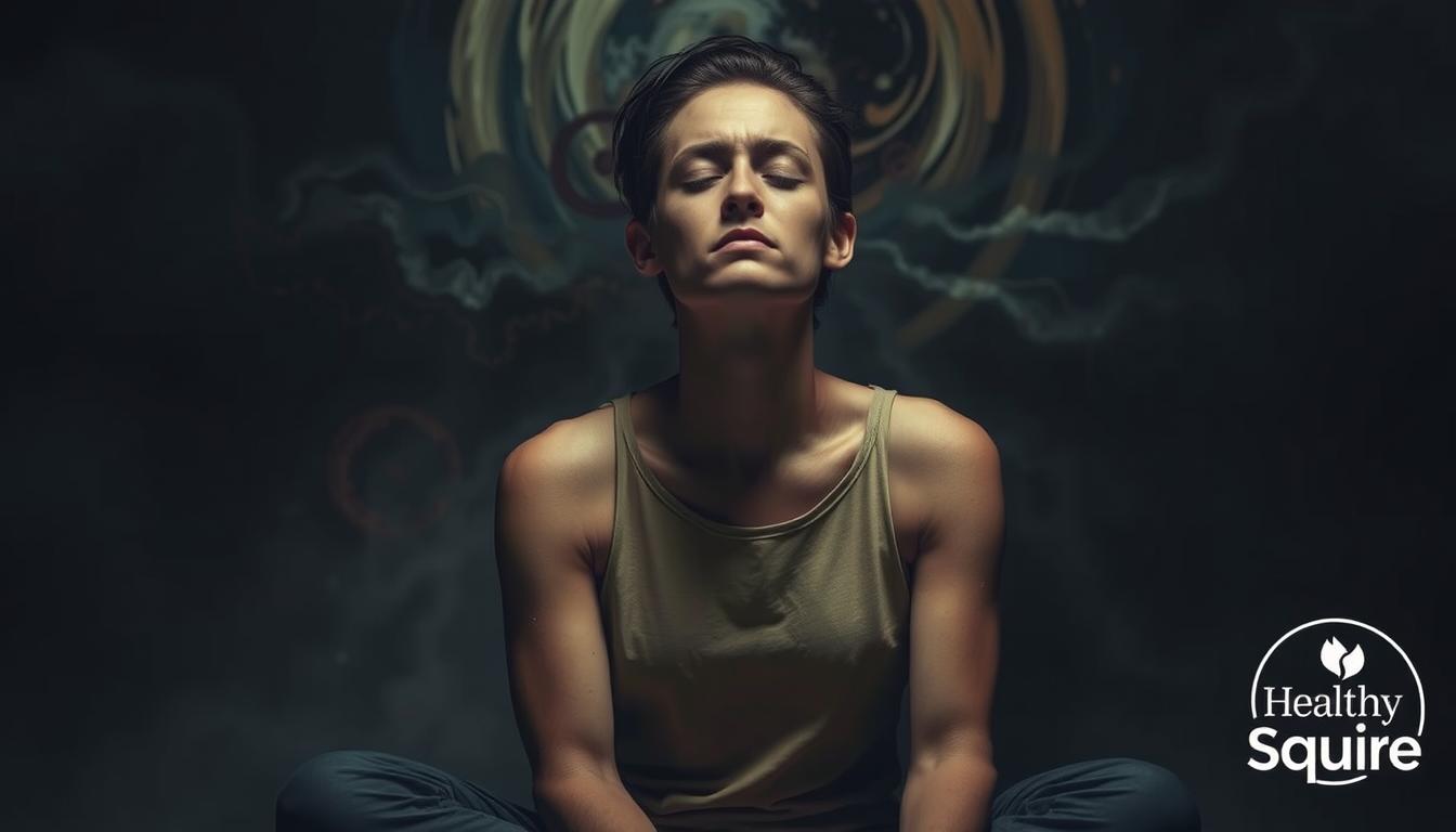 A person sitting in a meditative pose, eyes closed, with a troubled expression on their face. The background is a dimly lit, abstract psychological landscape, with swirling colors and shapes that evoke the mental strain of fasting. The lighting is dramatic, with deep shadows and highlights that accentuate the subject's features. Soft, muted tones create a pensive, introspective atmosphere. The Healthy Squire logo is subtly present in the corner, lending a sense of authority and expertise to the image. A person sitting in a meditative pose, eyes closed, with a troubled expression on their face. The background is a dimly lit, abstract psychological landscape, with swirling colors and shapes that evoke the mental strain of fasting. The lighting is dramatic, with deep shadows and highlights that accentuate the subject's features. Soft, muted tones create a pensive, introspective atmosphere. The Healthy Squire logo is subtly present in the corner, lending a sense of authority and expertise to the image.